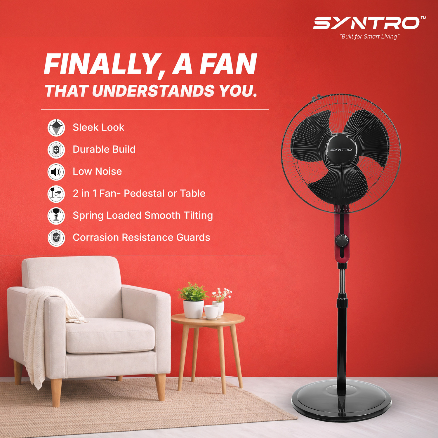 Image of Syntro Aero Max | Copper Motor | Adjustable Height | High Speed with 1 Year Warranty 400 mm Pedestal Fan