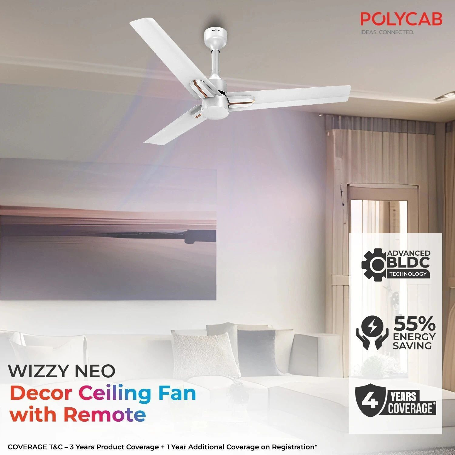 Image of Polycab Wizzy Neo100% CopperHigh Air Delivery with 4 Year Warranty BLDC Motor with Remote 1200 mm Ceiling Fan (5 Star | White Rose Gold | Pack of 1)