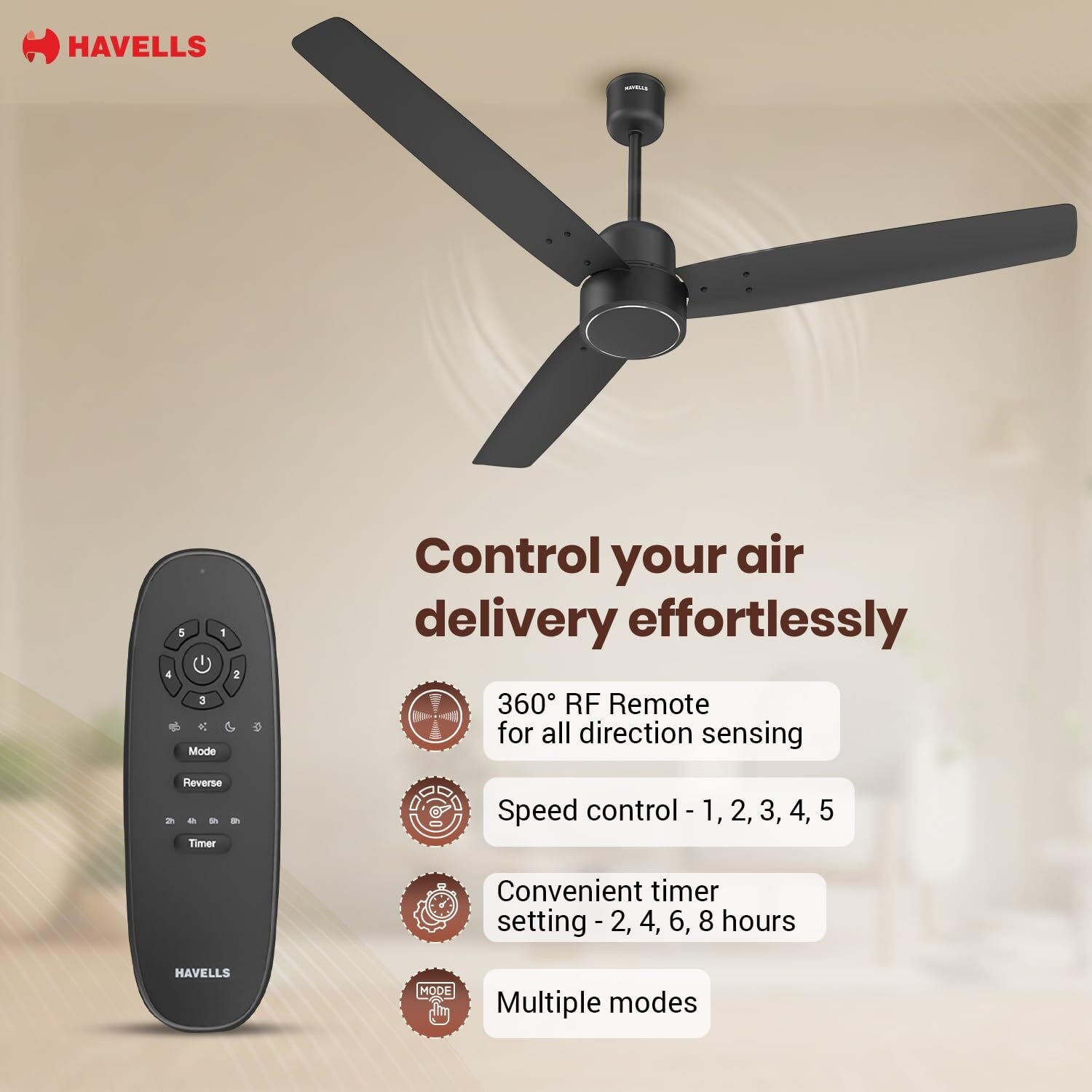 Image of HAVELLS FAB BLDC, Reverse Rotation, 4 Modes, with 3 Year Warranty BLDC Motor with Remote 1200 mm Ceiling Fan