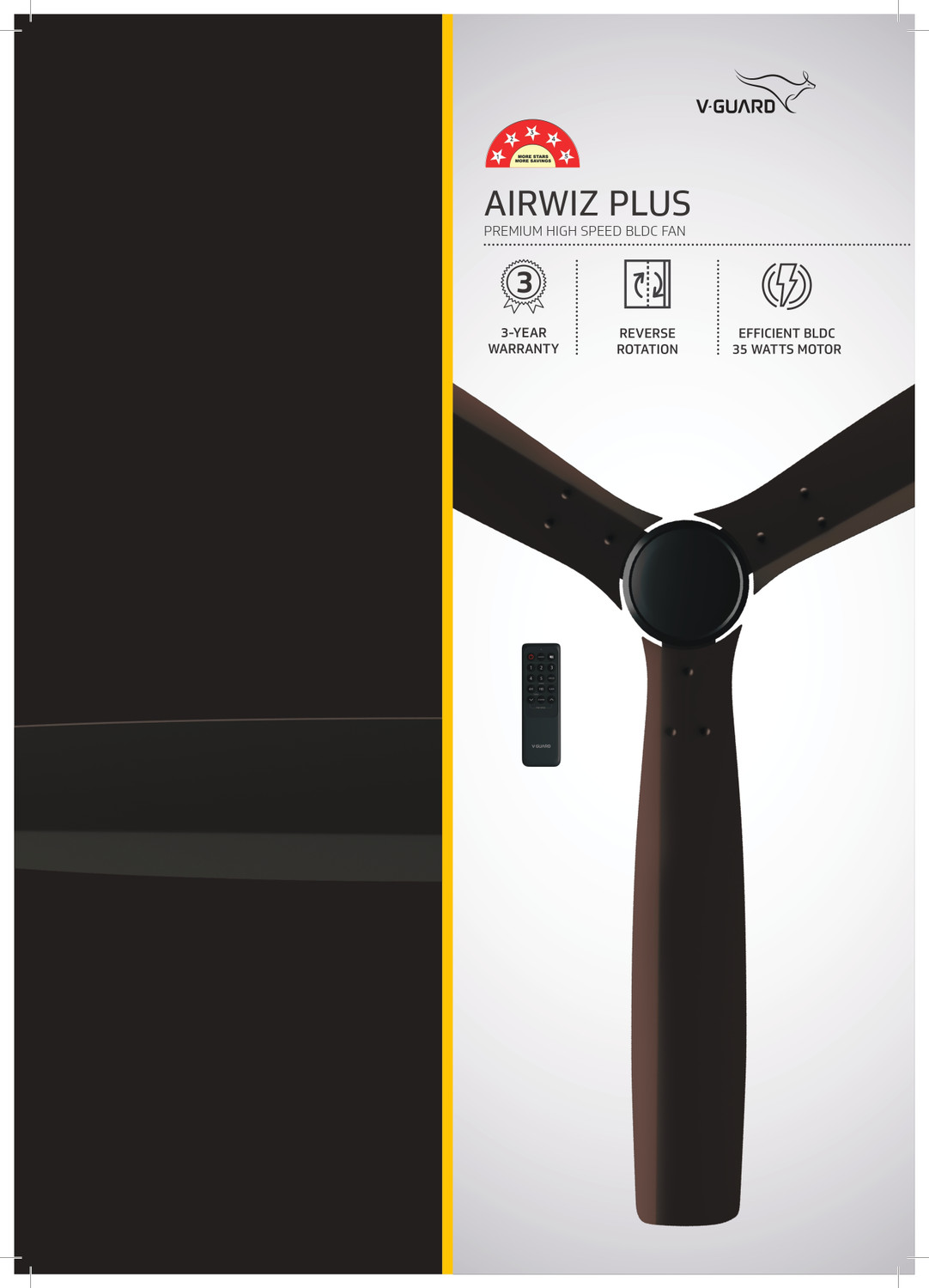 Image of V-Guard AIRWIZ PLUS PREMIUM HIGH SPEED (48 inch) 370 RPM with 3 Year Warranty BLDC Motor with Remote 1200 mm Ceiling Fan
