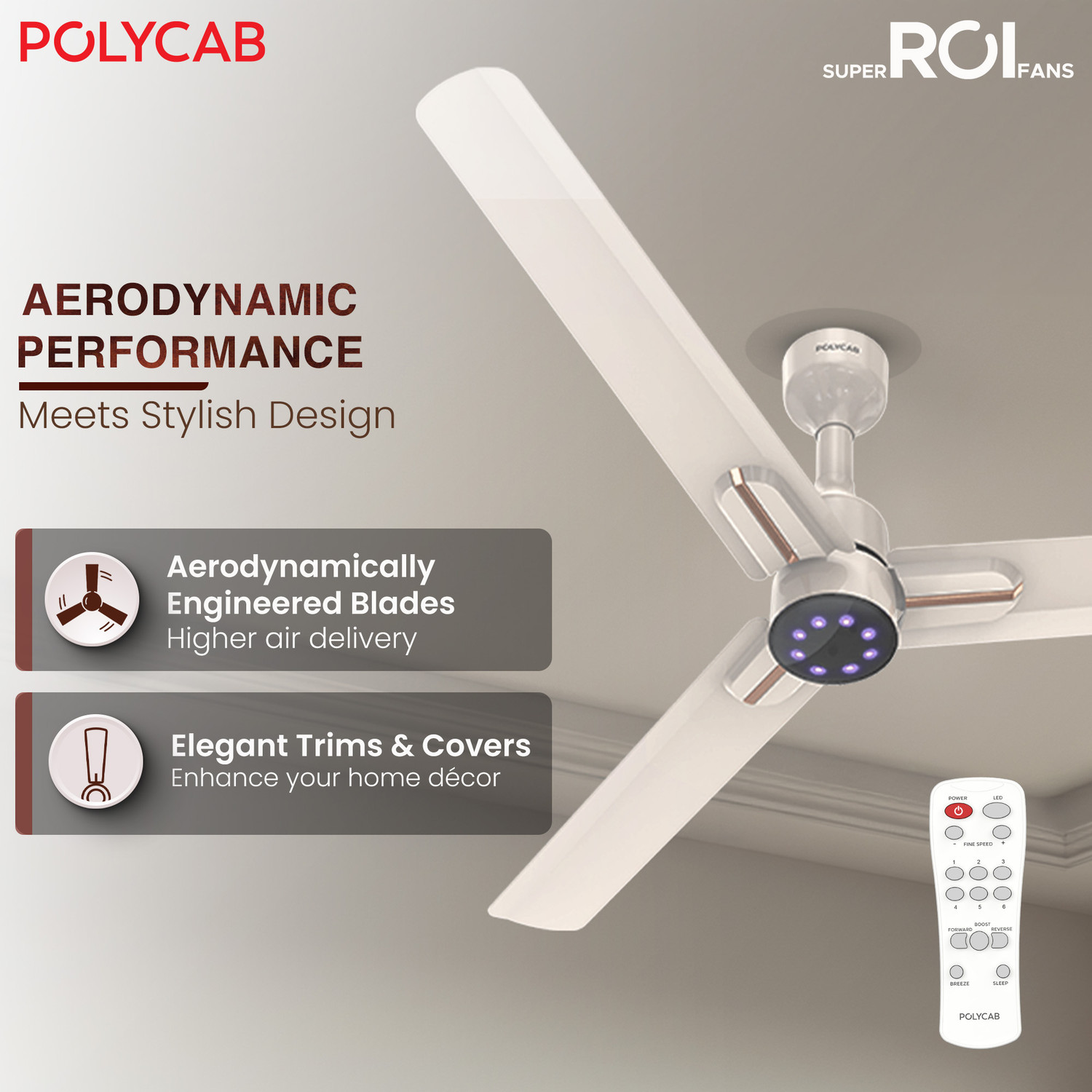 Image of Polycab Wizzy Neo LED 2.0100% CopperHigher Air DeliveryLED Indicator with 3 Year Warranty BLDC Motor with Remote 1200 mm Ceiling Fan