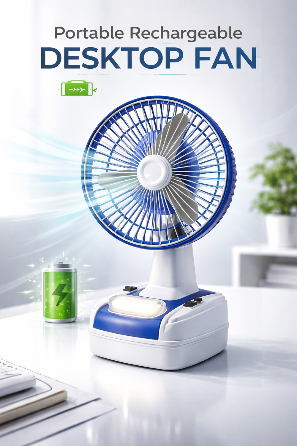 Image of ROPIOR RP-Chargetablefan-001-Blue | Rechargeable | LED Light Energy Saving, Anti Rust, Silent Operation, Underlight 400 mm Table Fan