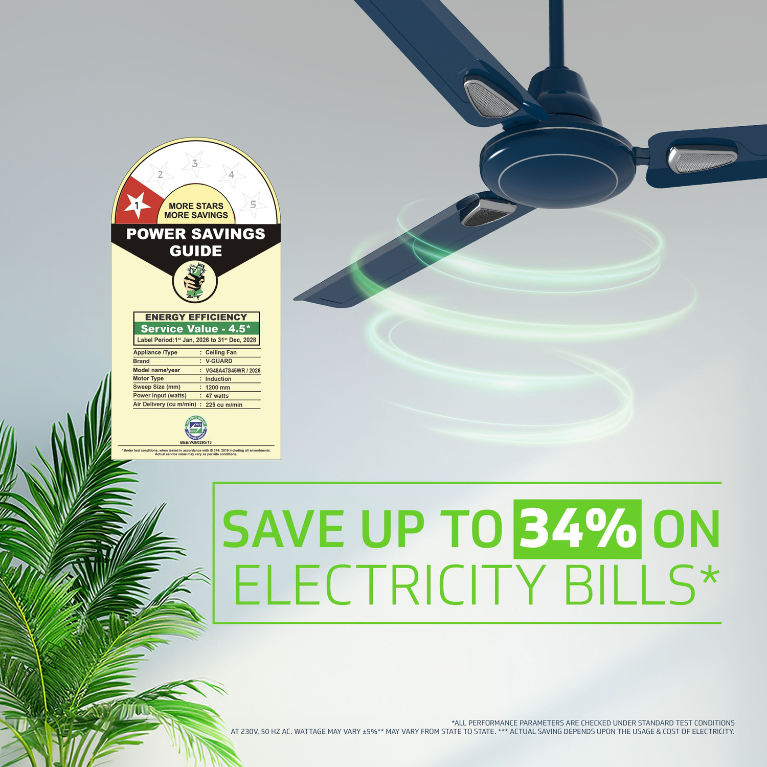 Image of V-Guard Windle Deco Bz | Admiral Blue with 2 Year Warranty Energy Saving 1200 mm Ceiling Fan