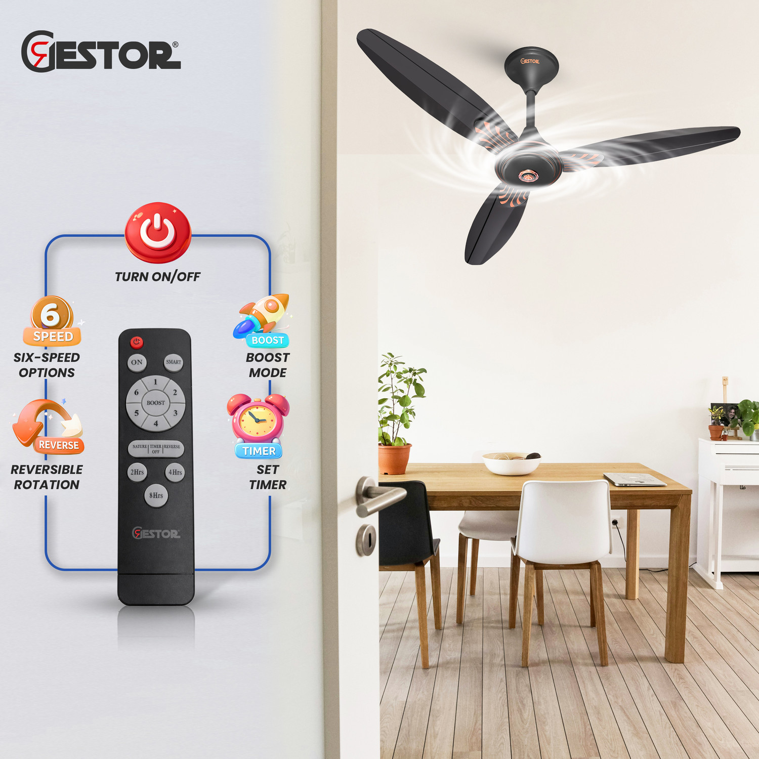 Image of GESTOR Avenzo | BLDC | Super Speed 48 inch Decorative with Wireless | Remote Control with 5 Year Warranty Anti Dust, BLDC Motor with Remote, Energy Saving, Silent Operation 1200 mm Ceiling Fan