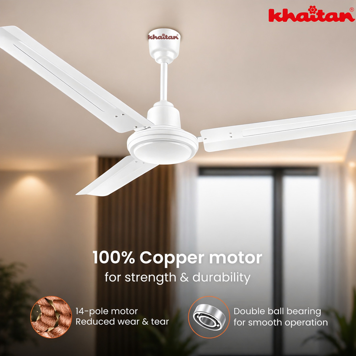 Image of Khaitan High Speed Ceiling fan 48 inch / 1200 mm 100% Copper | Power Saving | Low Noise with 2 Year Warranty High Air Delivery, Energy Saving 1200 mm Ceiling Fan