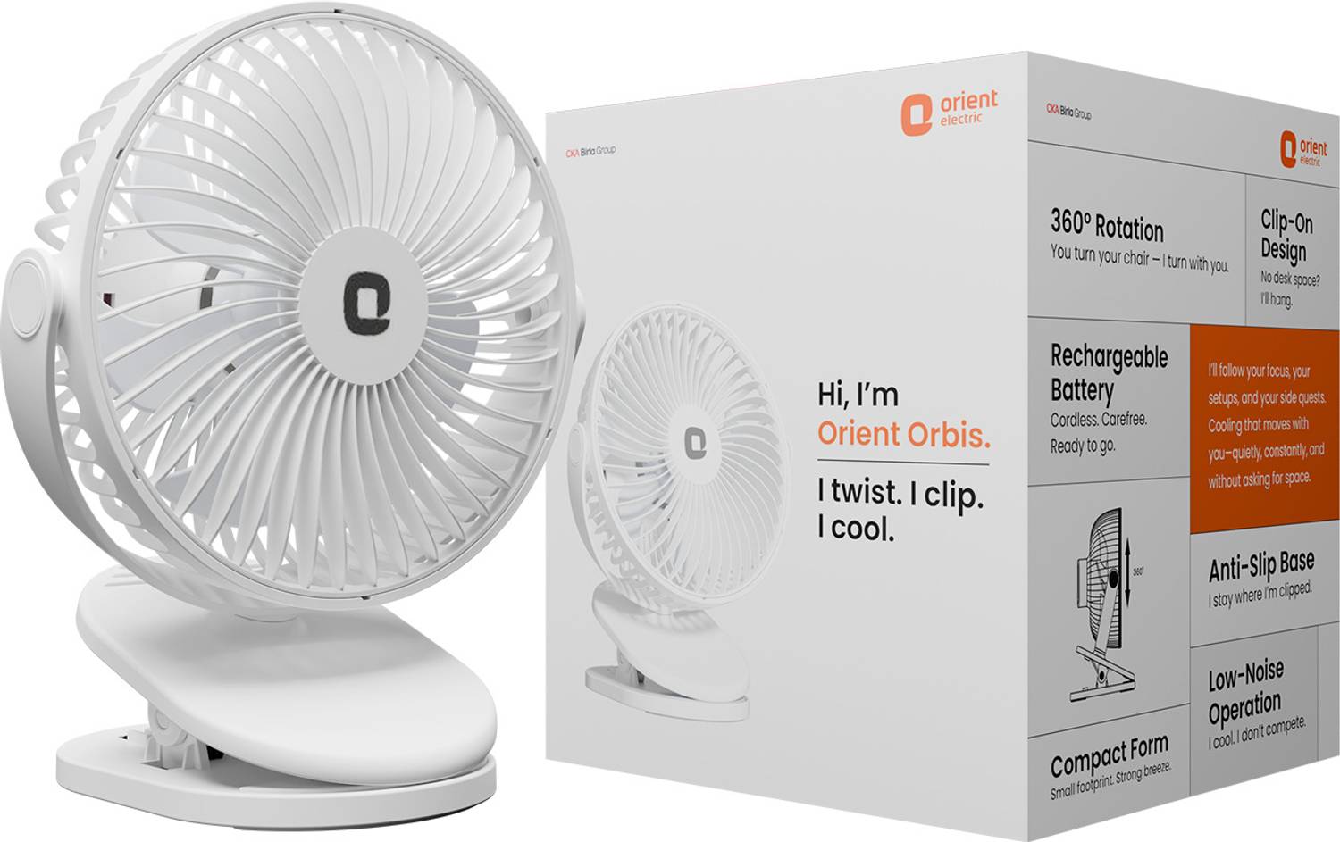 Orient Electric Orbis | Rechargeable Clip-On Mini Personal Fan | 360 Degree Rotation |USB Type-C with 1 Year Warranty Silent Operation 127 mm Table Fan