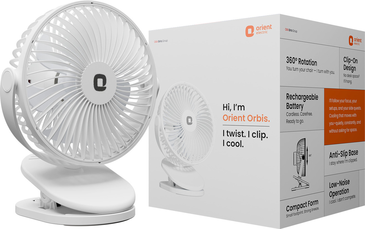 Image of Orient Electric Orbis | Rechargeable Clip-On Mini Personal Fan | 360 Degree Rotation |USB Type-C with 1 Year Warranty Silent Operation 127 mm Table Fan
