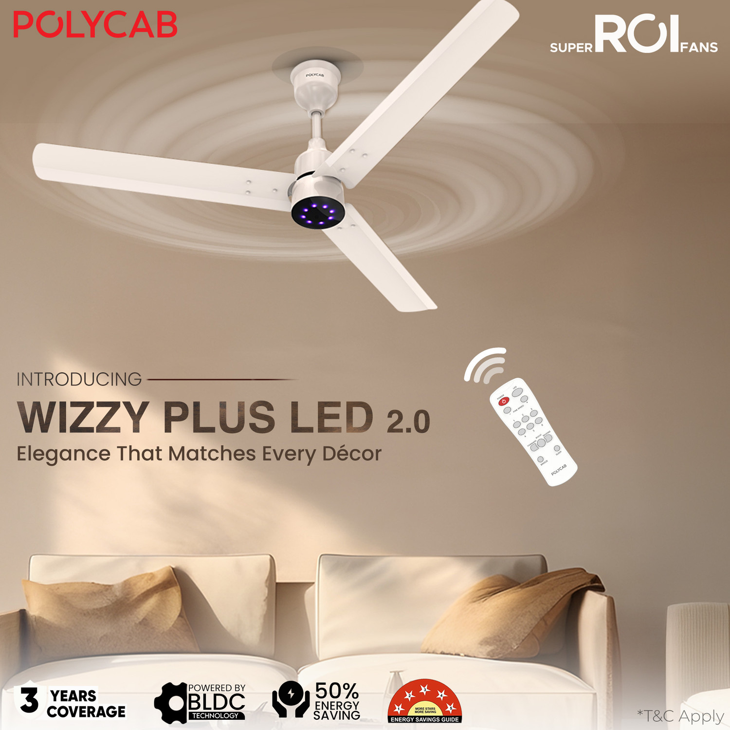 Image of Polycab Wizzy Plus 2.0 LED100% CopperHigher Air DeliveryLED Indicator with 3 Year Warranty BLDC Motor with Remote 1200 mm Ceiling Fan