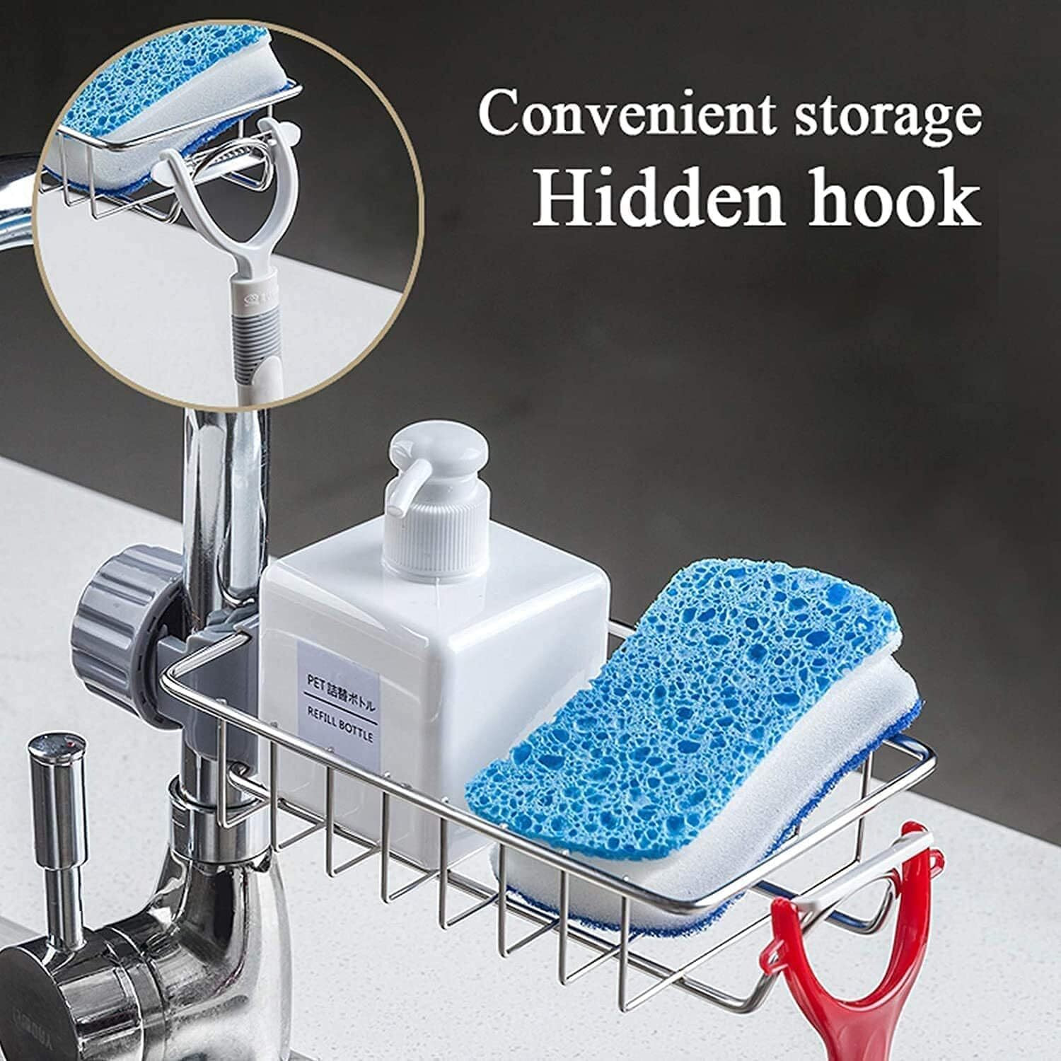Image of AABRION Containers Kitchen Rack Steel Stainless Steel Sink Sponge Tap Organizer for Kitchen Faucet Shelf