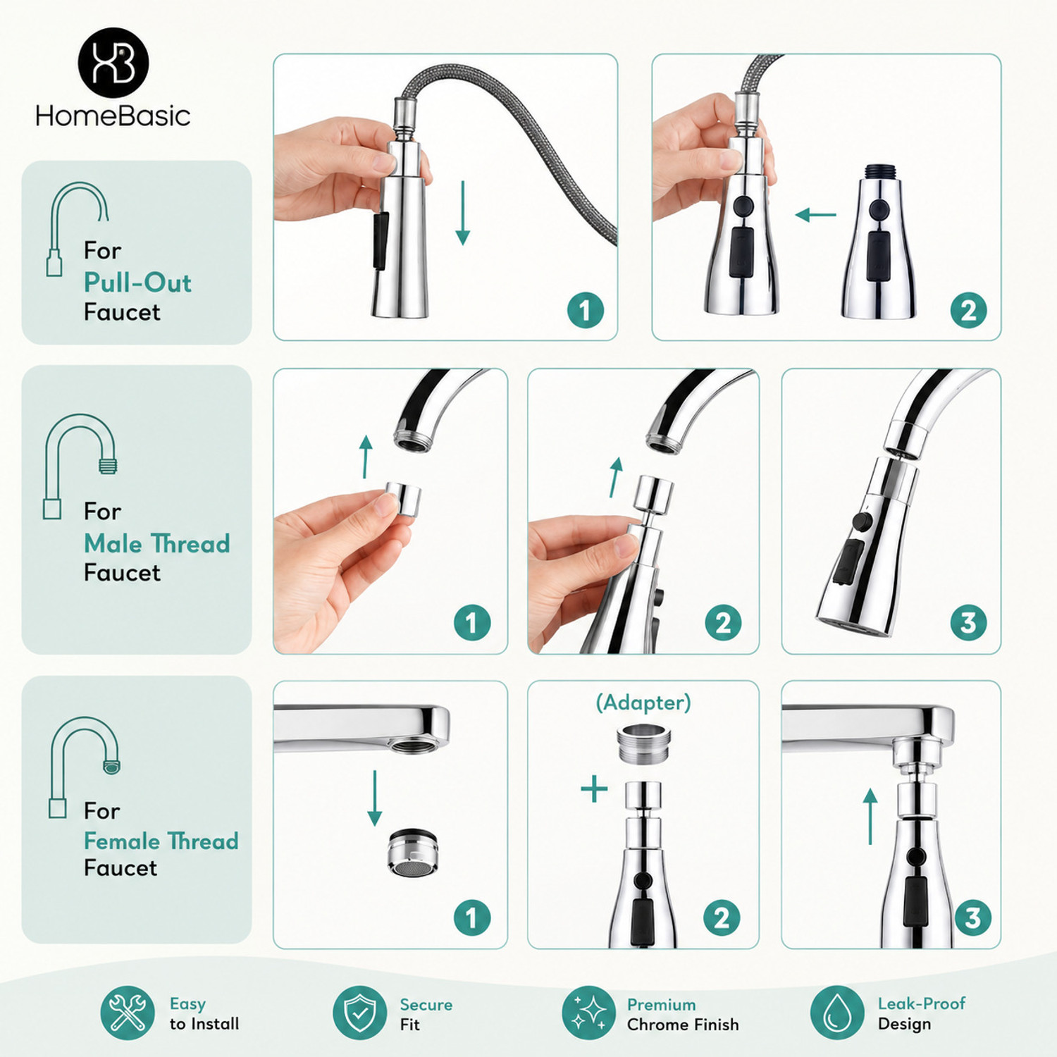 Image of HOMEBASIC Flexible Tap Extension | 3 Water Modes | 360 Rotating Faucet Head Faucet Nozzle