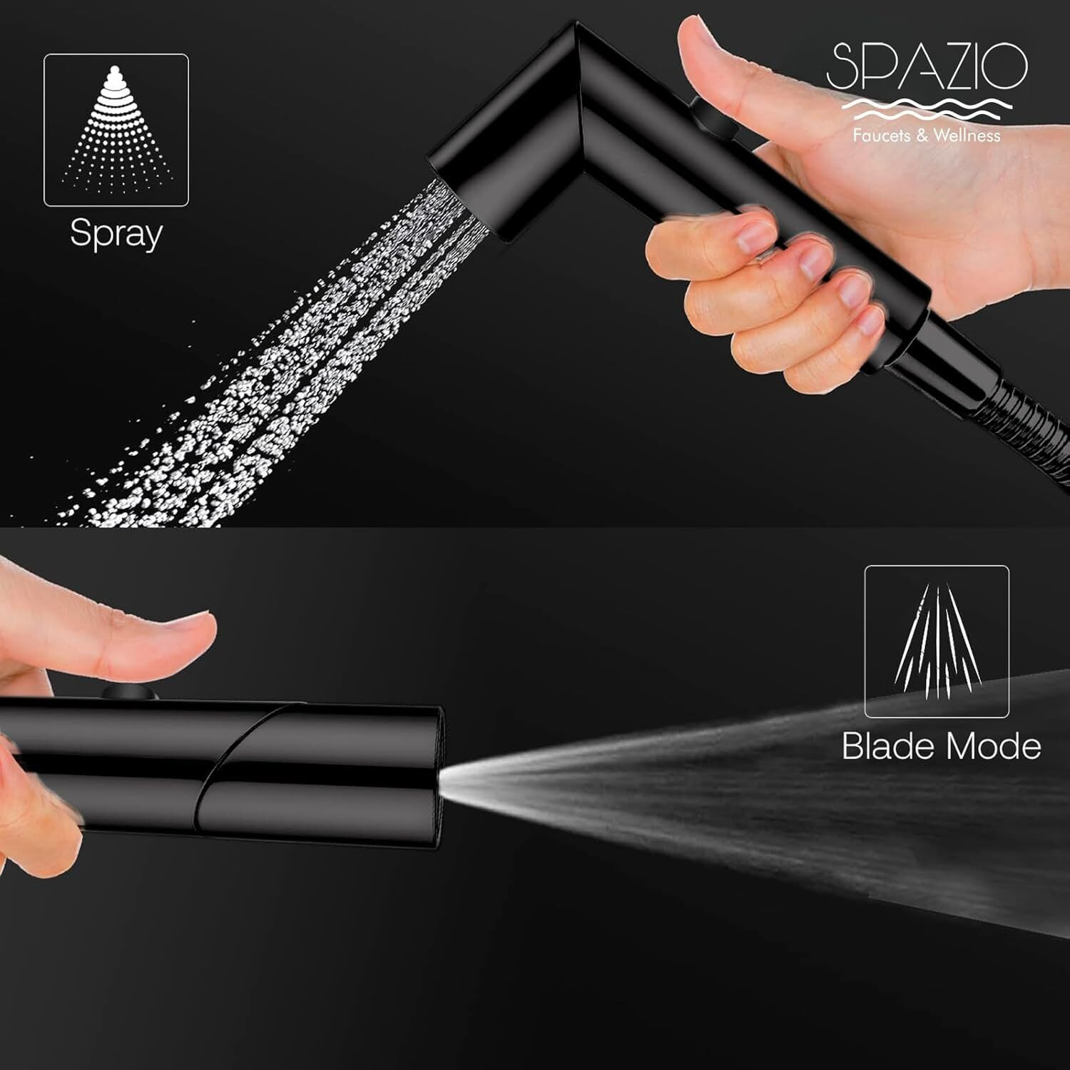 Image of Spazio by Super Quality ABS Toilet /washroom Hand Spray /Faucet Jet With SS-304 Tube Grade 1.5 Meter and Wall Hook, Black chrome Faucet Set Health Faucet