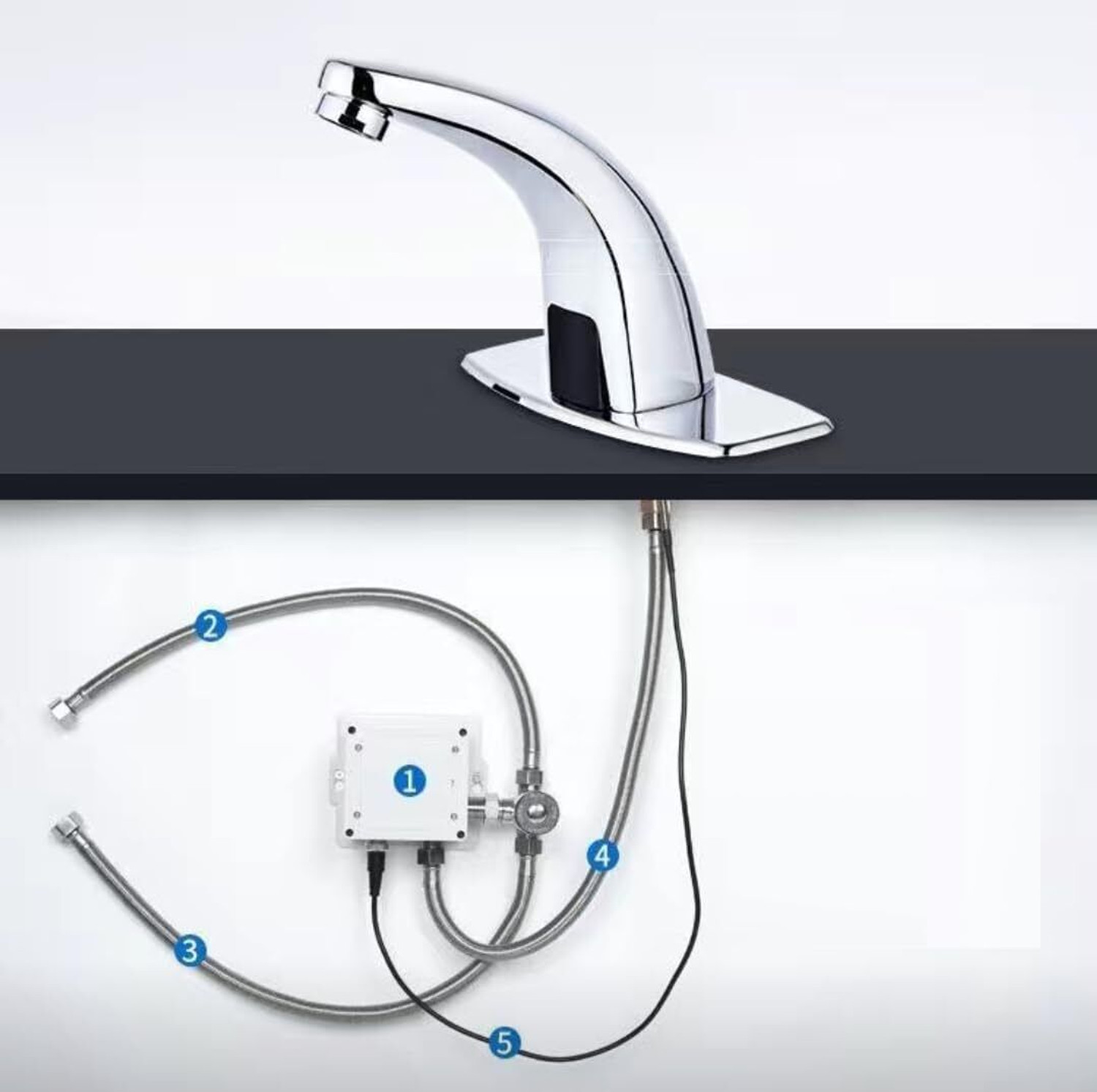 Image of QAWACHH by Qawachh Automatic Touch Less Brass Curve Water Sensor Tap Faucet Silver Chrome Finish Sensor Tap Faucet