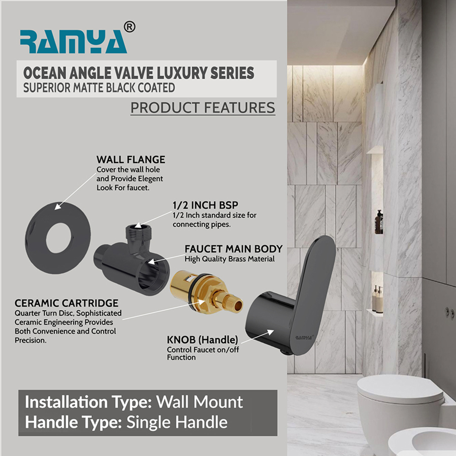 Image of Ramya Ocean Brass Angle Cock Luxury Series Superior Matte Black Finish Coated Angle cock Brass water tap bib tap faucet Angle Cock Faucet