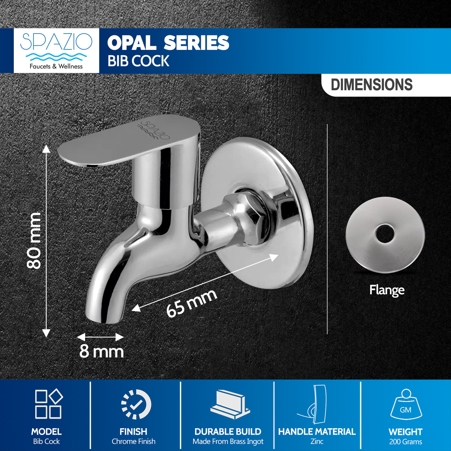 Image of Spazio Opal Series, Full Brass, Quarter Turn Bib Cock Tap (Set of 1) For Bib Tap Faucet