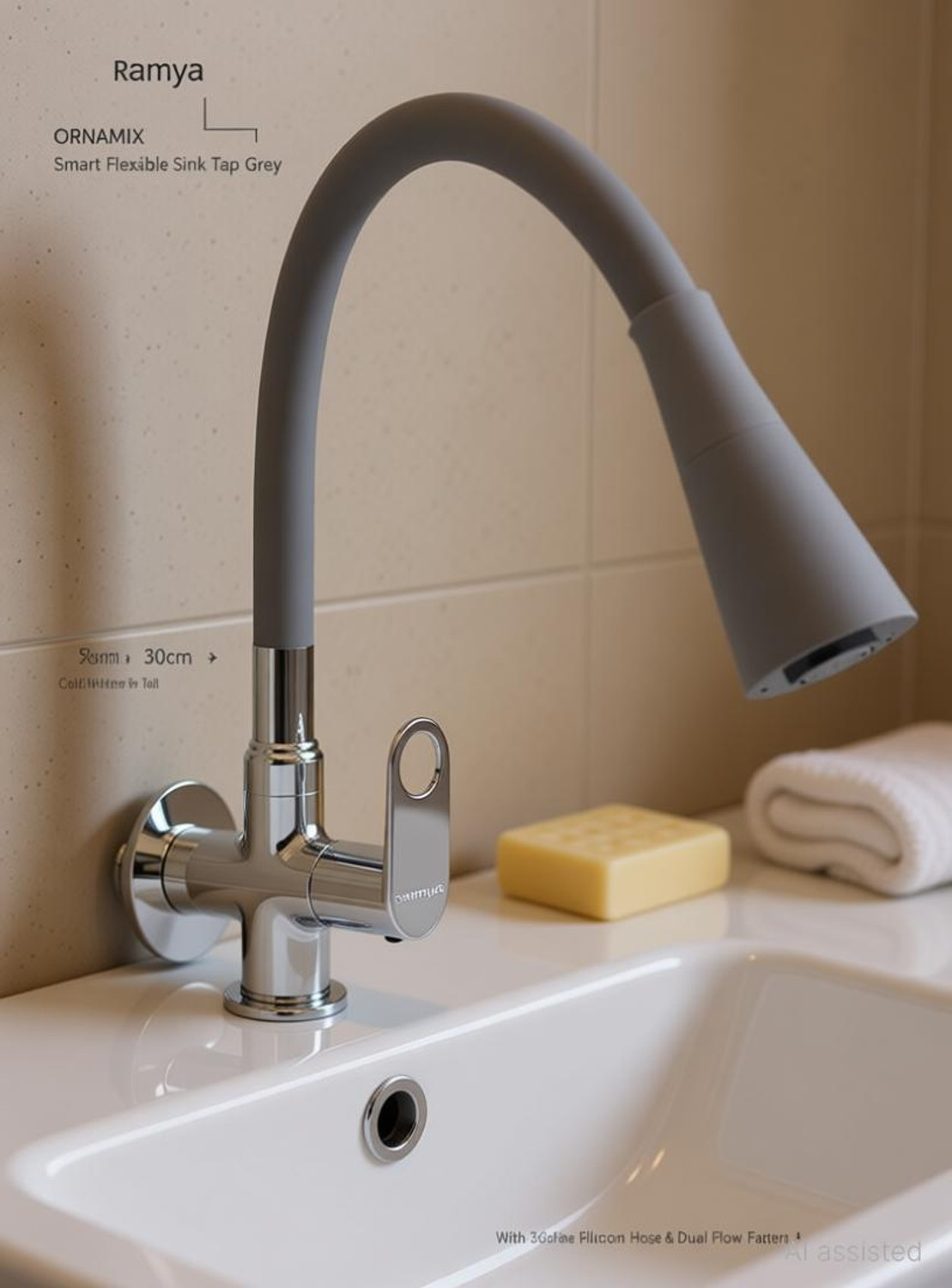 Image of Ramya ORNAMIX Smart Flexible Sink Tap Grey (With 360 Degree Flexible Silicon Hose & Dual Flow Pattern) Cold Water Tap Pillar Tap Faucet
