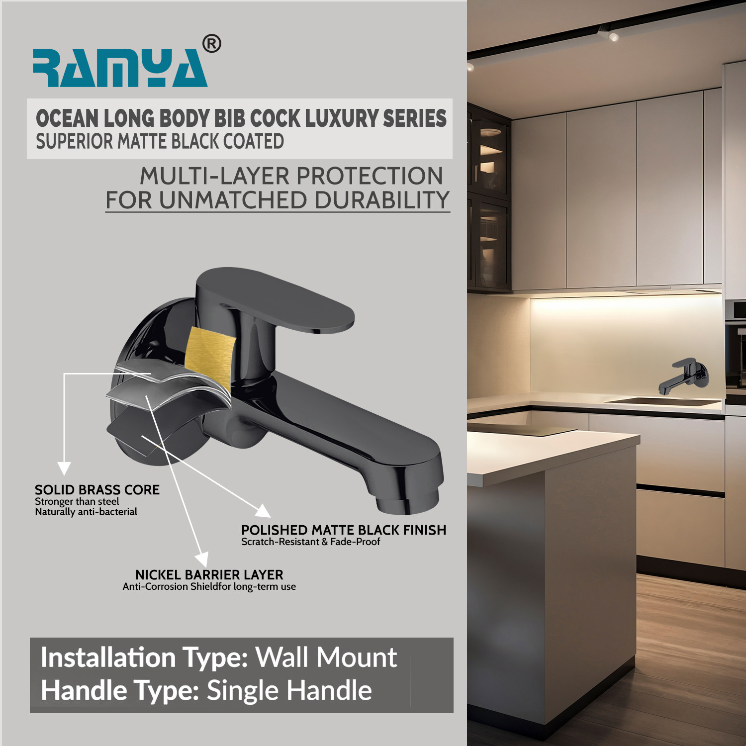 Image of Ramya Ocean Long Body Tap Brass Luxury Series Superior Matte Black Finish Coated Long Body Tap water tap bib tap faucet Bib Tap Faucet