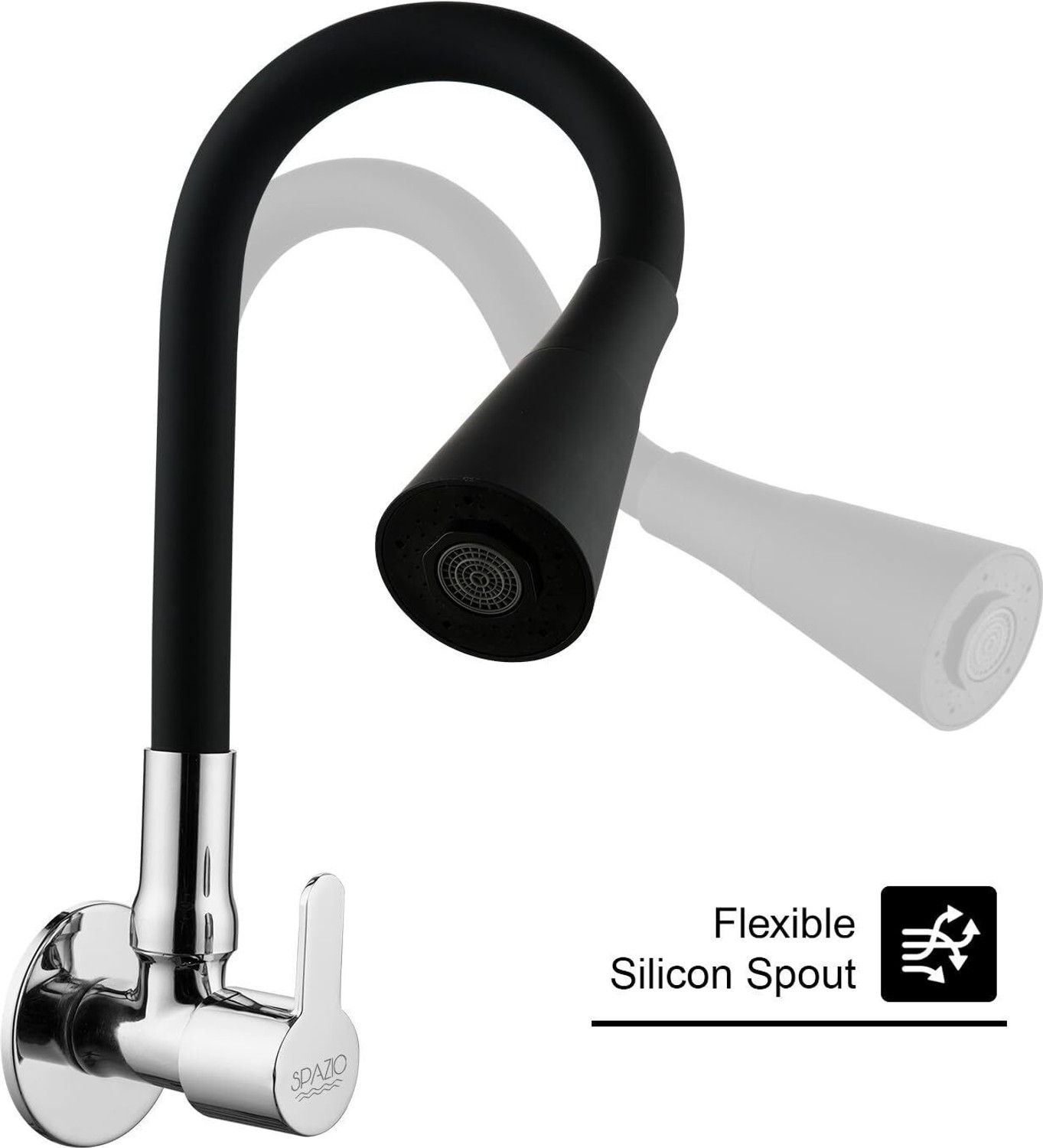 Image of Spazio SmartBuy Fusion Sink Cock-Flxo Play And 360 Degree Flexible Black Silicon Swivel Spout & Dual Flow Pattern For Hot OR Cold Water And Wall Flange Pillar Tap Faucet (Wall Mount Installation Type)
