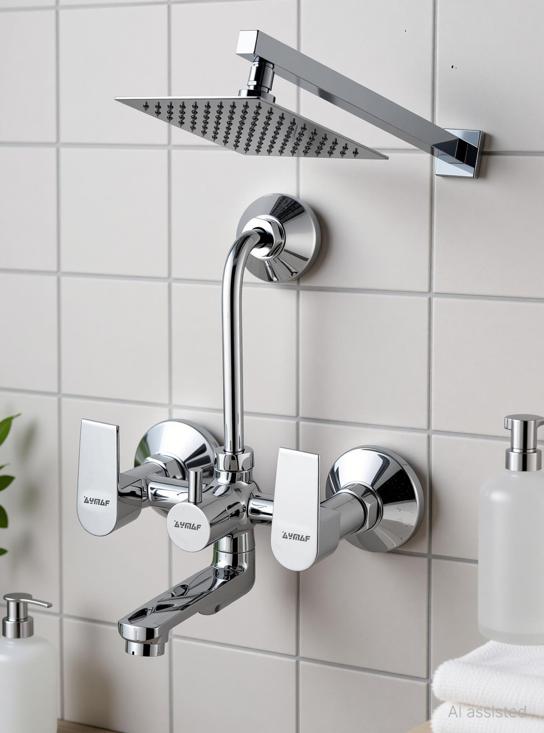 Image of Ramya Prime Wall Mixer With Band & 8x8 Shower Head 15inch Arm For Bathroom Tap Wall Mixer Faucet