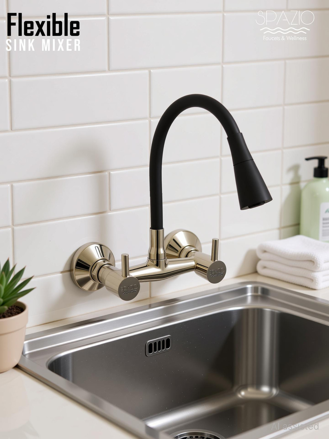 Image of Spazio SmartBuy Turbo Brass Heavy Hot & Cold Kitchen Sink Mixer Tap With Matt Black 360 Degree Flexible Silicon Spout With Dual Flow Pattern, For Kitchen Sink / Sink Mixer Faucet (Wall Mount Installation Type)