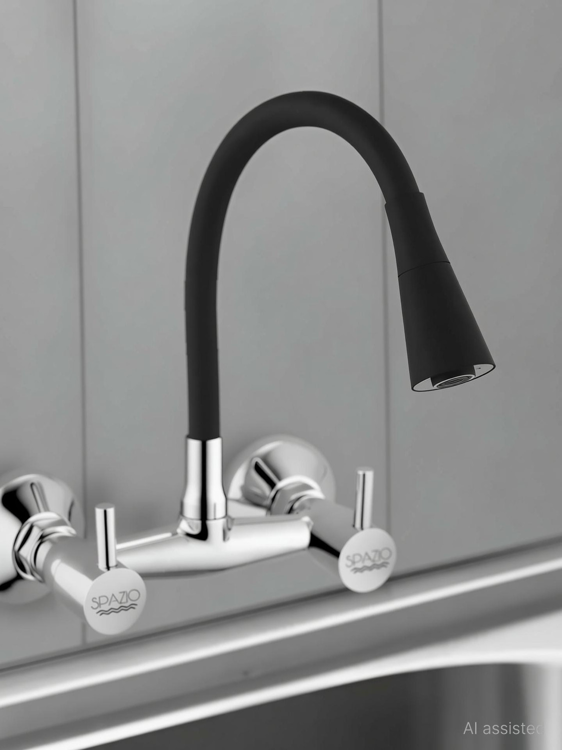 Image of Spazio SmartBuy Turbo Brass Heavy Hot & Cold Kitchen Sink Mixer Tap With Matt Black 360 Degree Flexible Silicon Spout With Dual Flow Pattern, For Kitchen Sink / Sink Mixer Faucet (Wall Mount Installation Type)