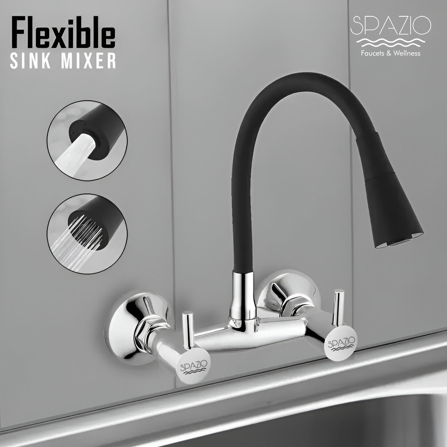 Image of Spazio SmartBuy Turbo Brass Heavy Hot & Cold Kitchen Sink Mixer Tap With Matt Black 360 Degree Flexible Silicon Spout With Dual Flow Pattern, For Kitchen Sink / Sink Mixer Faucet (Wall Mount Installation Type)