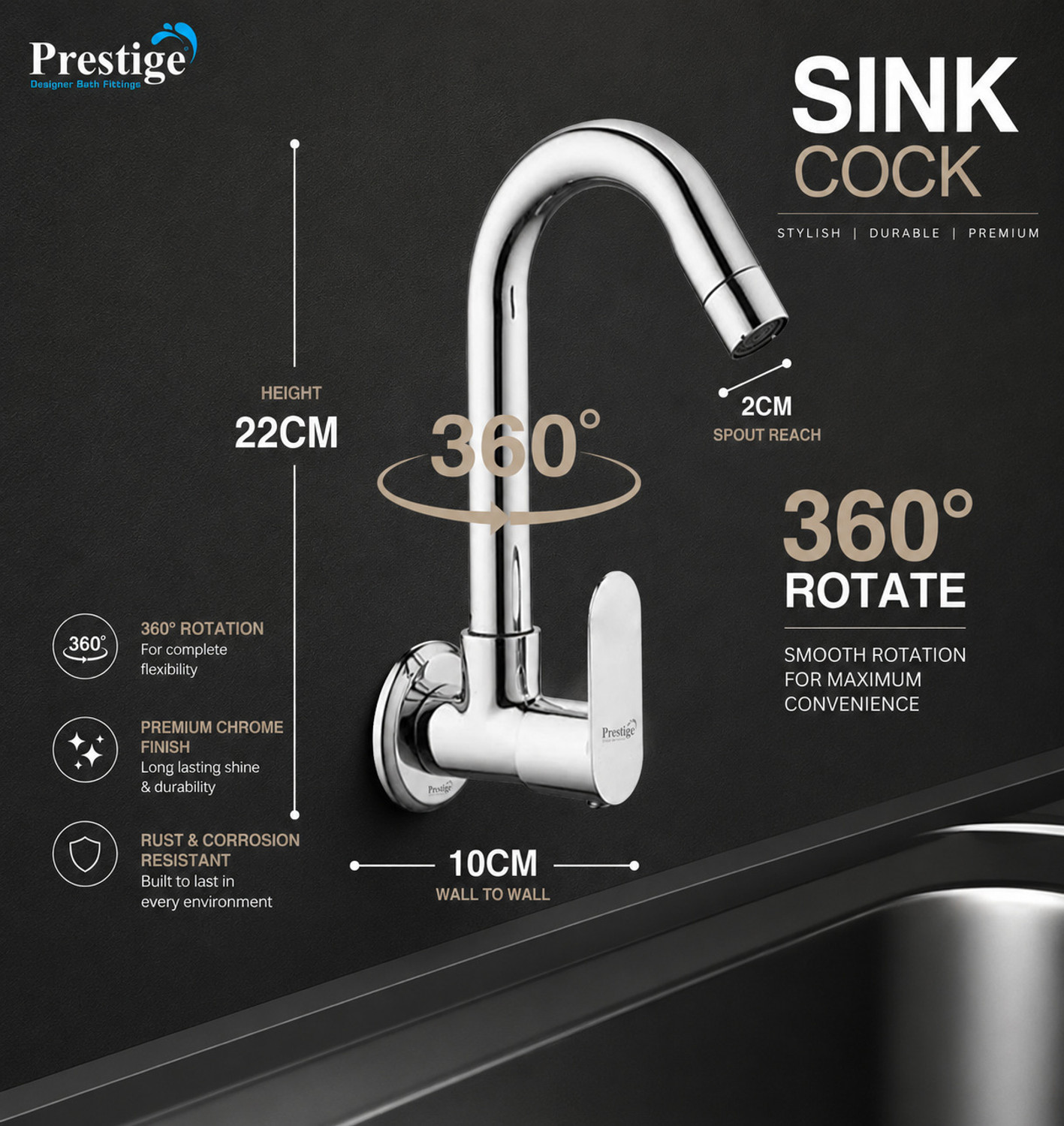 Image of Prestige Ocean Sink Tap With Wall Flange Pack Of 1 Sink Tap Faucet (Wall Mount Installation Type)