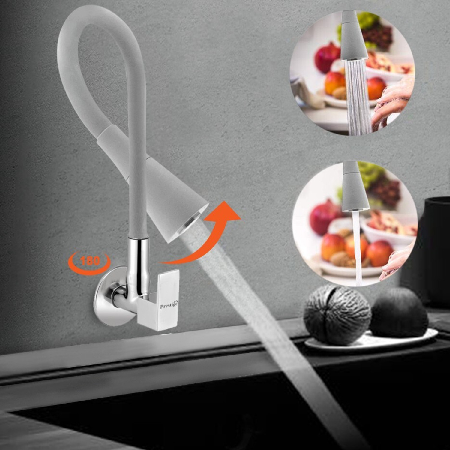 Image of Prestige Orion Smart Flexible Sink Faucet - Flxo Play (With 360 Degree Flexible Silicon Hose & Dual Flow Pattern) Cold Water Tap Grey Flexo Flexible sink Cock Pillar Cock Pillar Tap Faucet