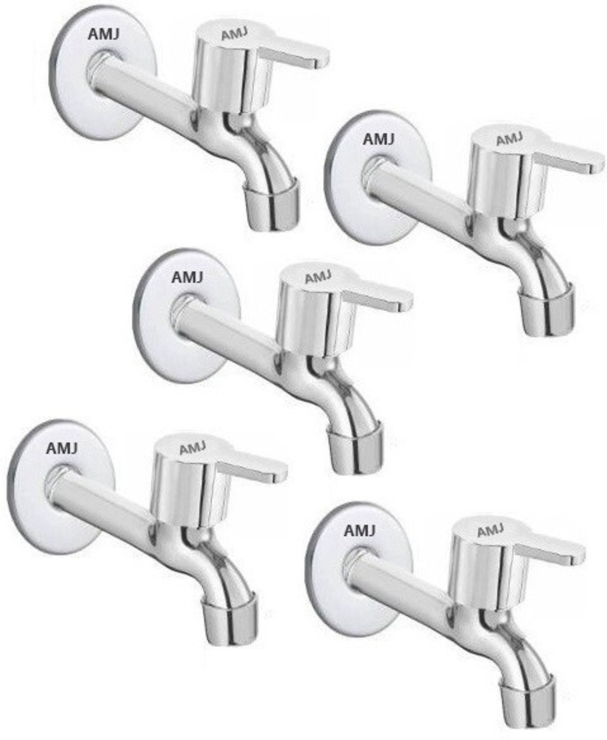 Image of AMJ SS FLORA Long body Tap for Kitchen and Bathroom SS Chrome Finish With Wall Flange - SET OF 5 Bib Tap Faucet