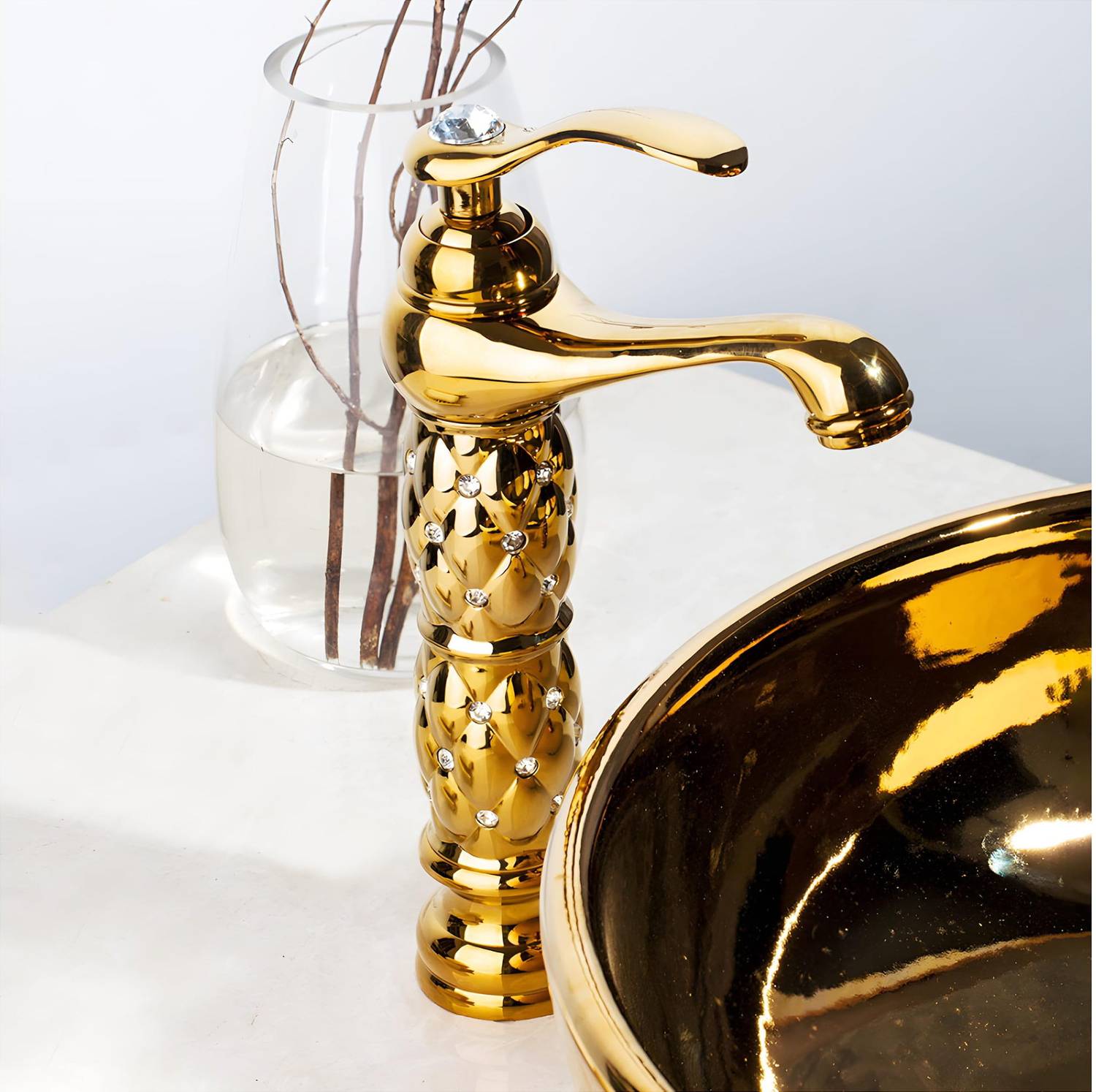 24x7eMall by 24x7 eMall Gold Diamond Premium Heavy Single Lever Basin Mixer ~ 28 Cms Height Table Mounted with 2 Braided Connection Pipes 450mm Hot and Cold Water Tap Basin Mixer Faucet