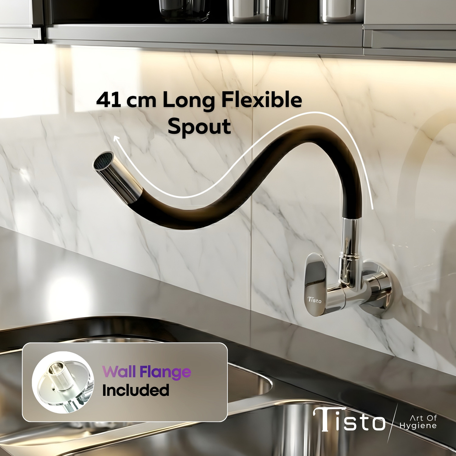 Image of Tisto Flexible Kitchen Sink Tap with Wall Flange | Single Flow | 360 Degree Spout Sink Tap Faucet