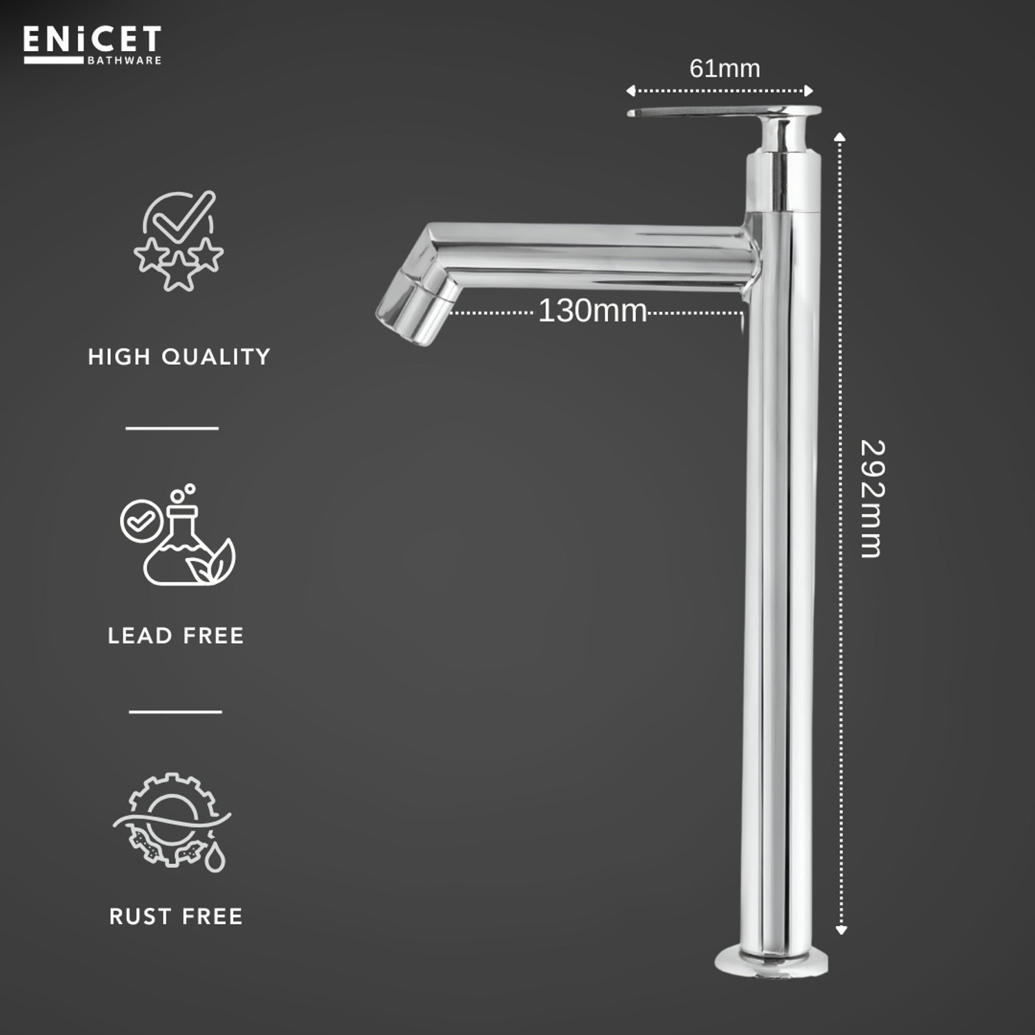 Image of ENICET by - 12 Inch High Neck Pillar Cock, Brass Build, Leak proof, Chrome Plated Table top tap, Wash basin pillar tap,Best table top faucet Pillar Tap Faucet