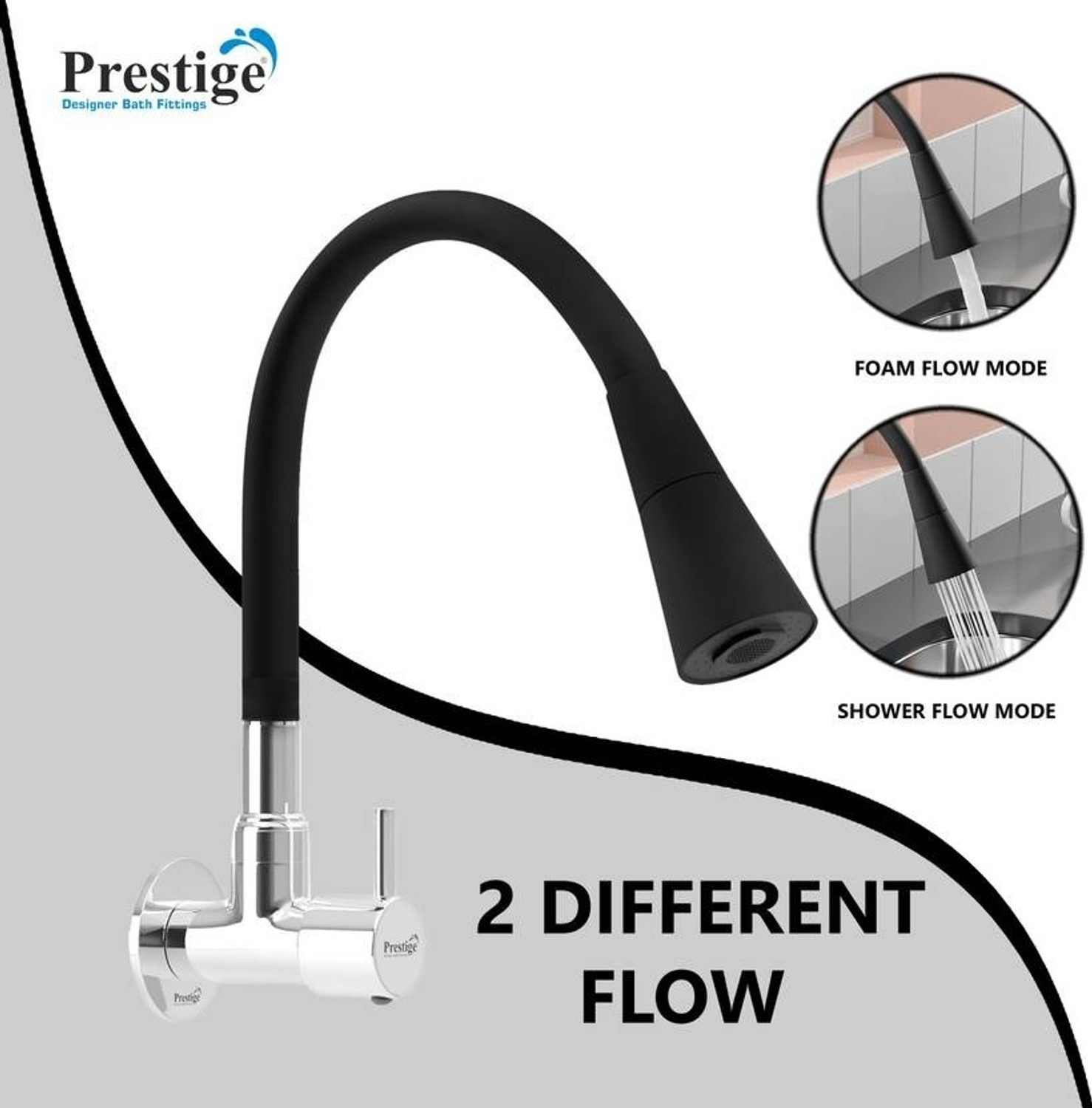 Image of Prestige Premium Quality Spout & Dual Flow Pattern For Hot OR Cold Water With Wall Flange SmartBuy Fusion Sink Cock - Flxo Play With 360 Degree Flexible Black Sink Tap Faucet
