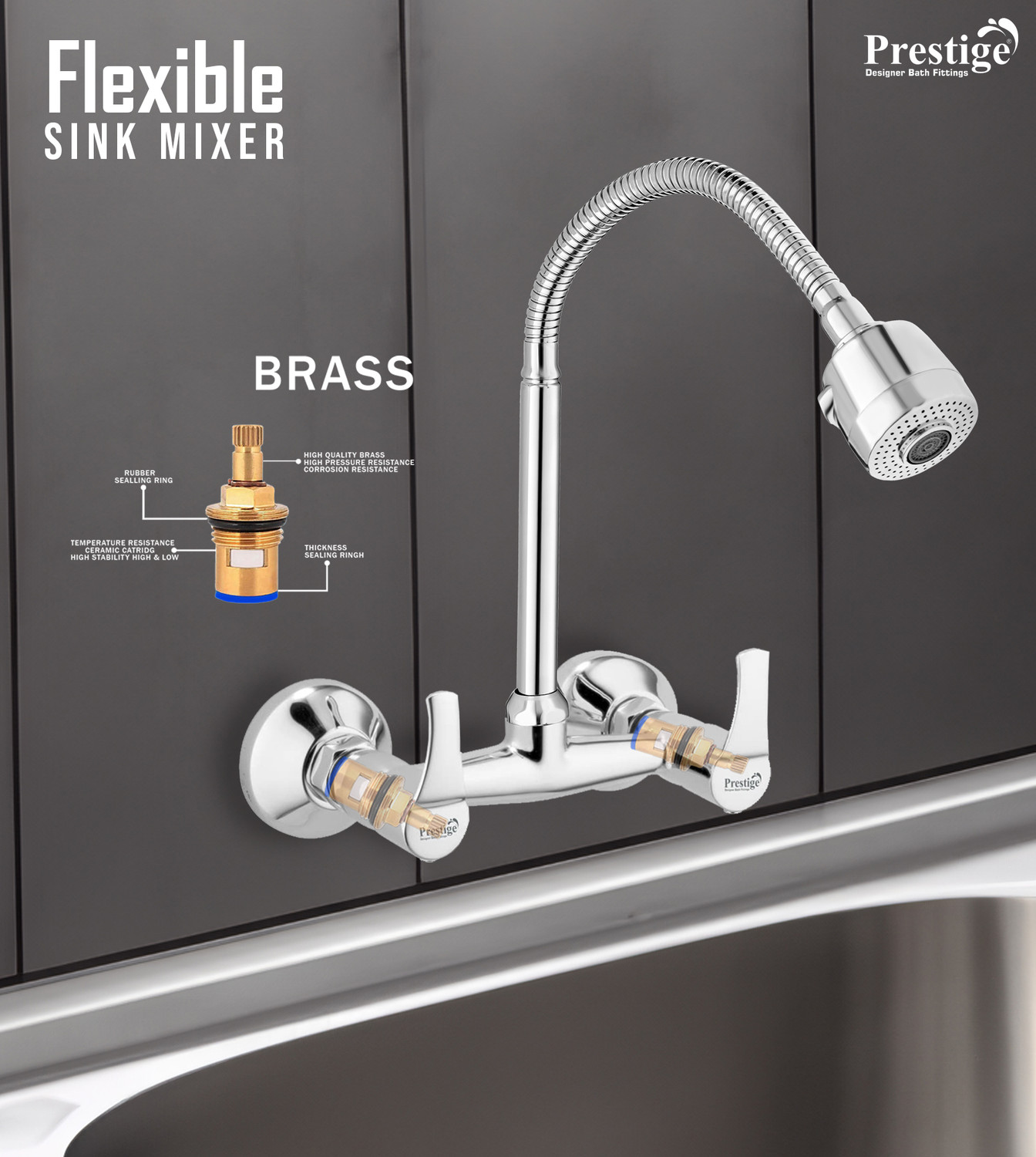 Image of Prestige Step Brass Flexible Sink Mixer with Dual Flow Flexible Swivel Spout, Wall Mixer Faucet