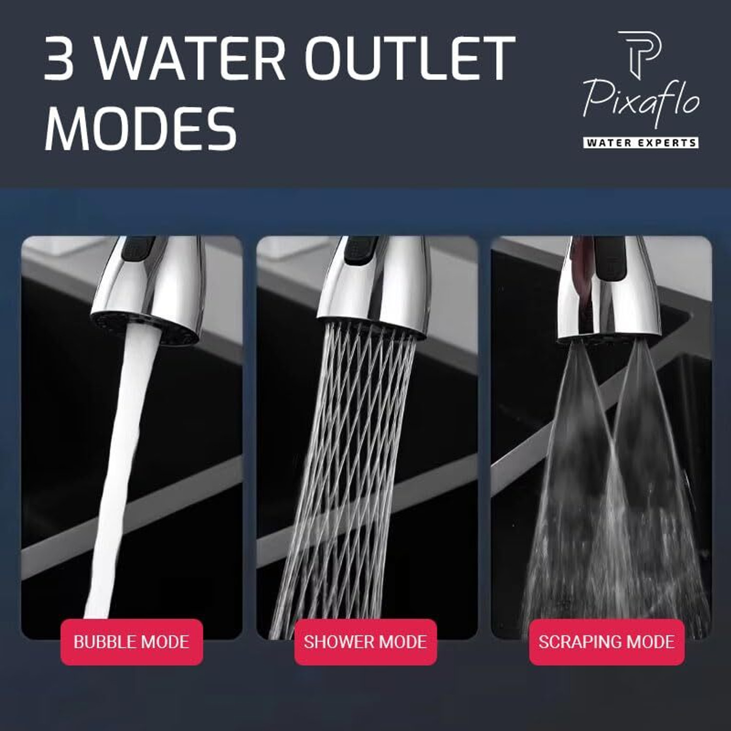 Image of PIXAFLO Universal Tap Extender for Kitchen Sink 3-Function Pull Down Faucet Head Tap Extender for Kitchen Sink, Flexible Faucet with Tap Extension Aerator Foam Flow Faucet