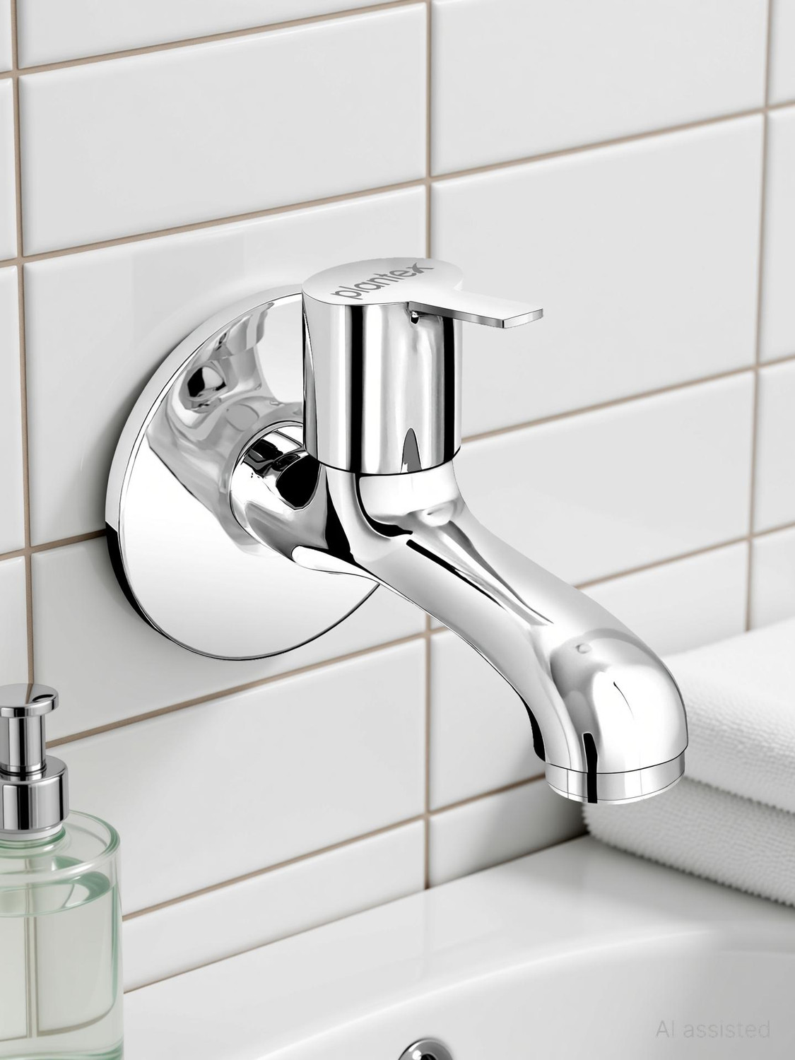 Image of Plantex Long Body Bib Cock Tap for Bathroom & Kitchen with Teflon Tape & Wall Flange Bib Tap Faucet
