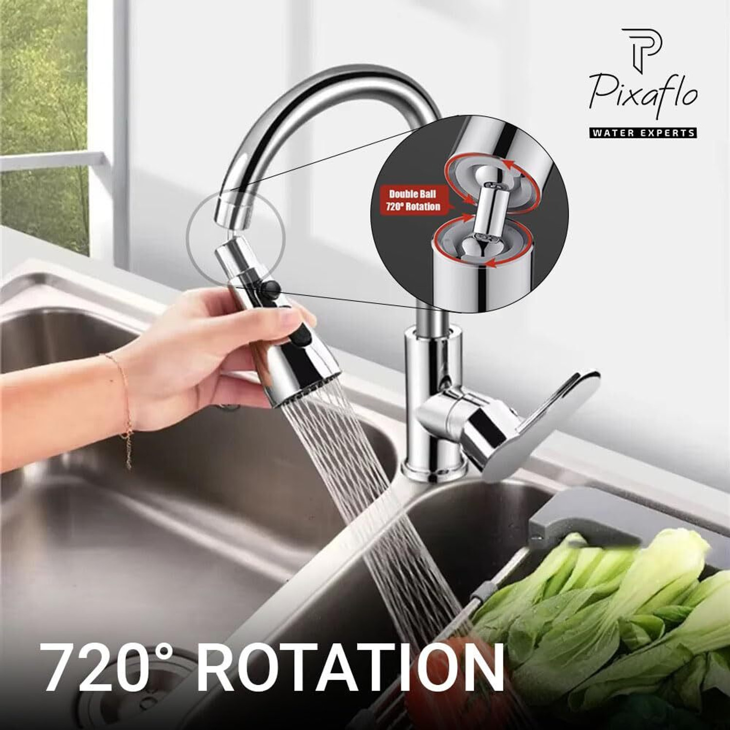 Image of PIXAFLO Universal Tap Extender for Kitchen Sink 3-Function Pull Down Faucet Head Tap Extender for Kitchen Sink, Flexible Faucet with Tap Extension Aerator Foam Flow Faucet
