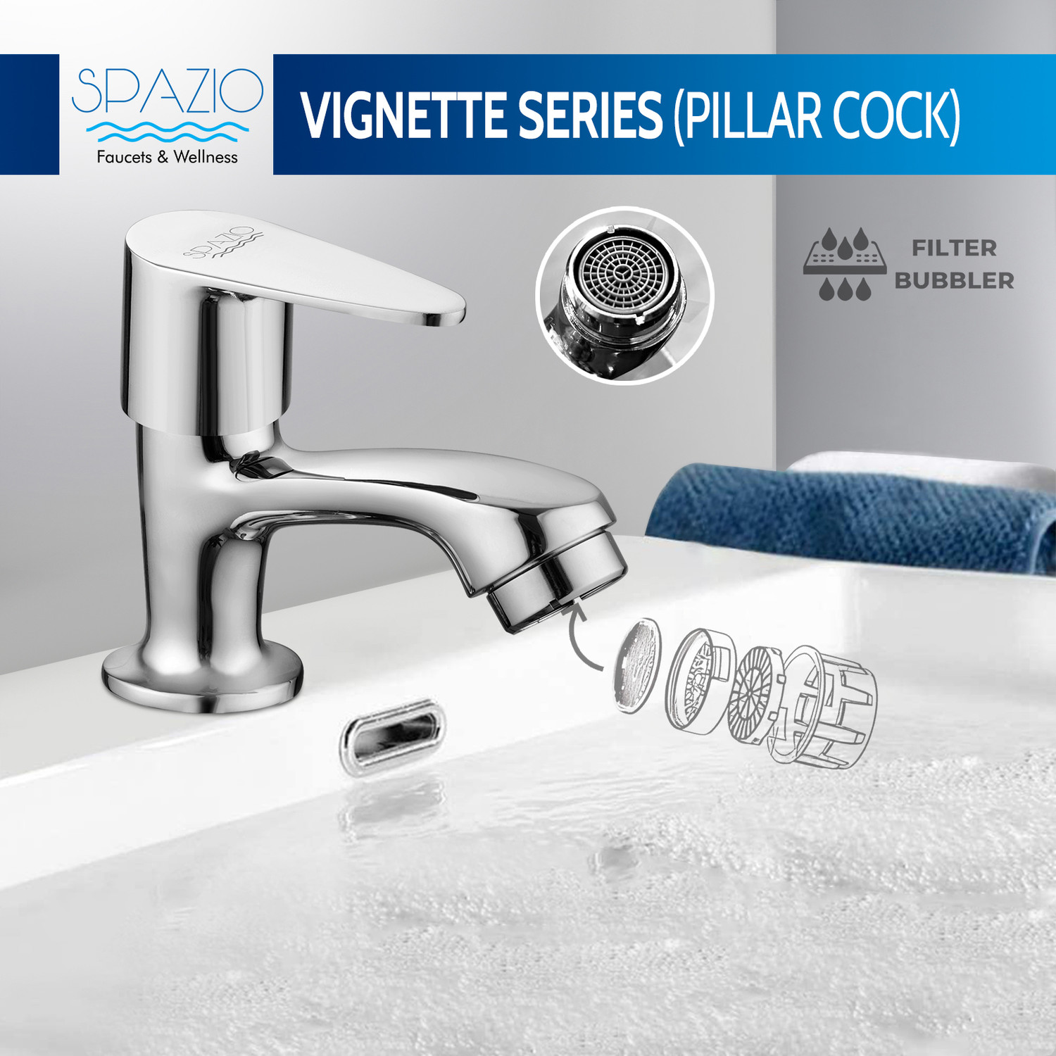Image of Spazio SmartBuy Vignette Brass Pillar Cock | Basin Tap | Pillar Taps (Pack of 1) For Wash Basin & Bathroom, Chrome Plated Pillar Tap Faucet