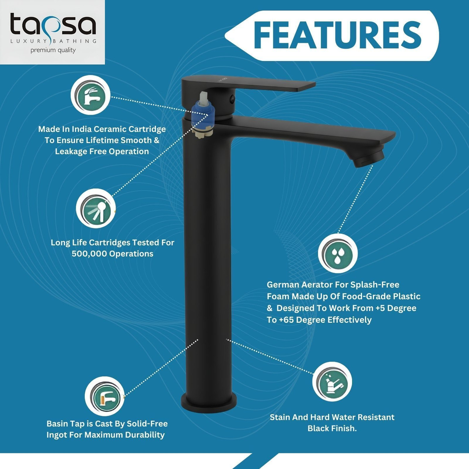 Image of Tapsa Kubix Series Brass Black Single Lever Basin Mixer Faucet|Modern Single Lever| Single Lever|12 Inch Tall Body Faucet|Hot&Cold Water Mixer For Bathroom,Kitchen Basin Mixer Faucet
