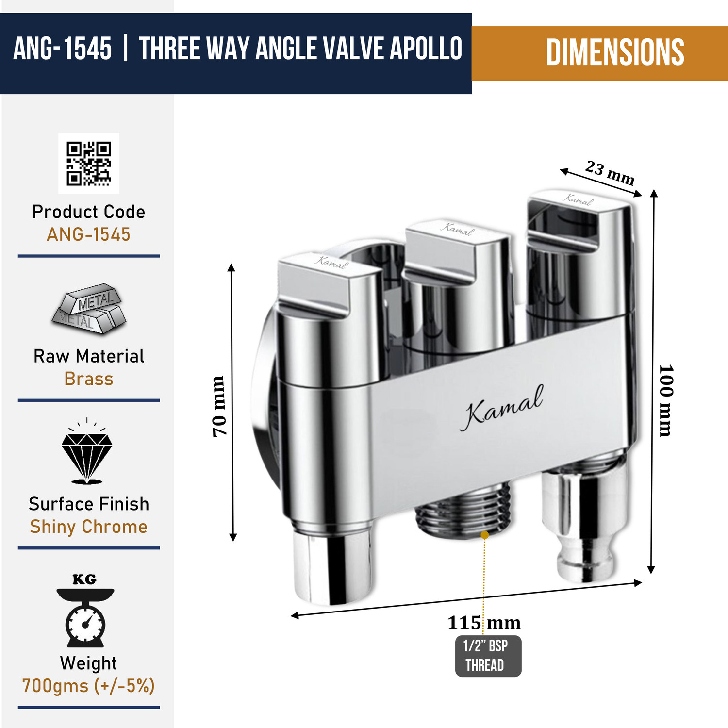 Image of KAMAL Three in One Brass Angle Valve with Wall Flange, Foam Flow Aerator & Washing Machine Nozzle for Health Faucet, Jet Spray | Chrome Finish 3 Way Control Tap Angle Cock Faucet