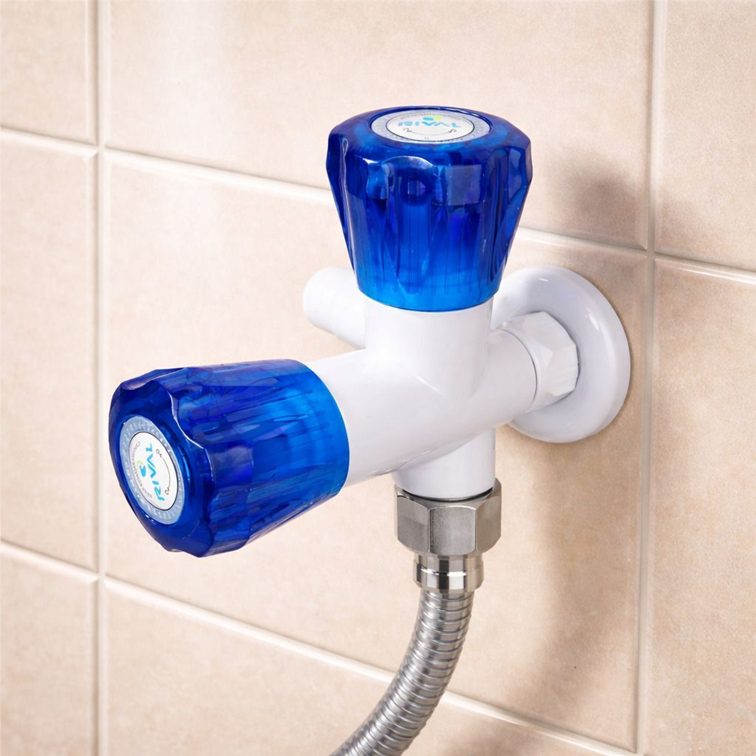 Image of rival by RIVAL Blue 2 Way Plastic Angle Valve Water Tap - ABS Bib Cock with Dual Crystal Knob Angle Cock Faucet