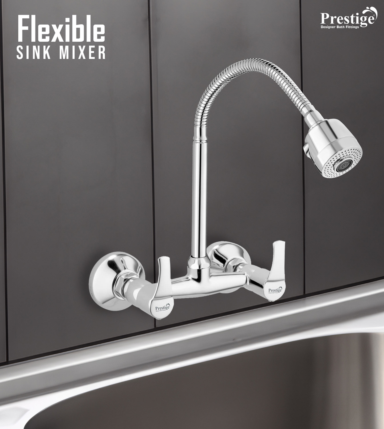 Image of Prestige Step Brass Flexible Sink Mixer with Dual Flow Flexible Swivel Spout, Wall Mixer Faucet