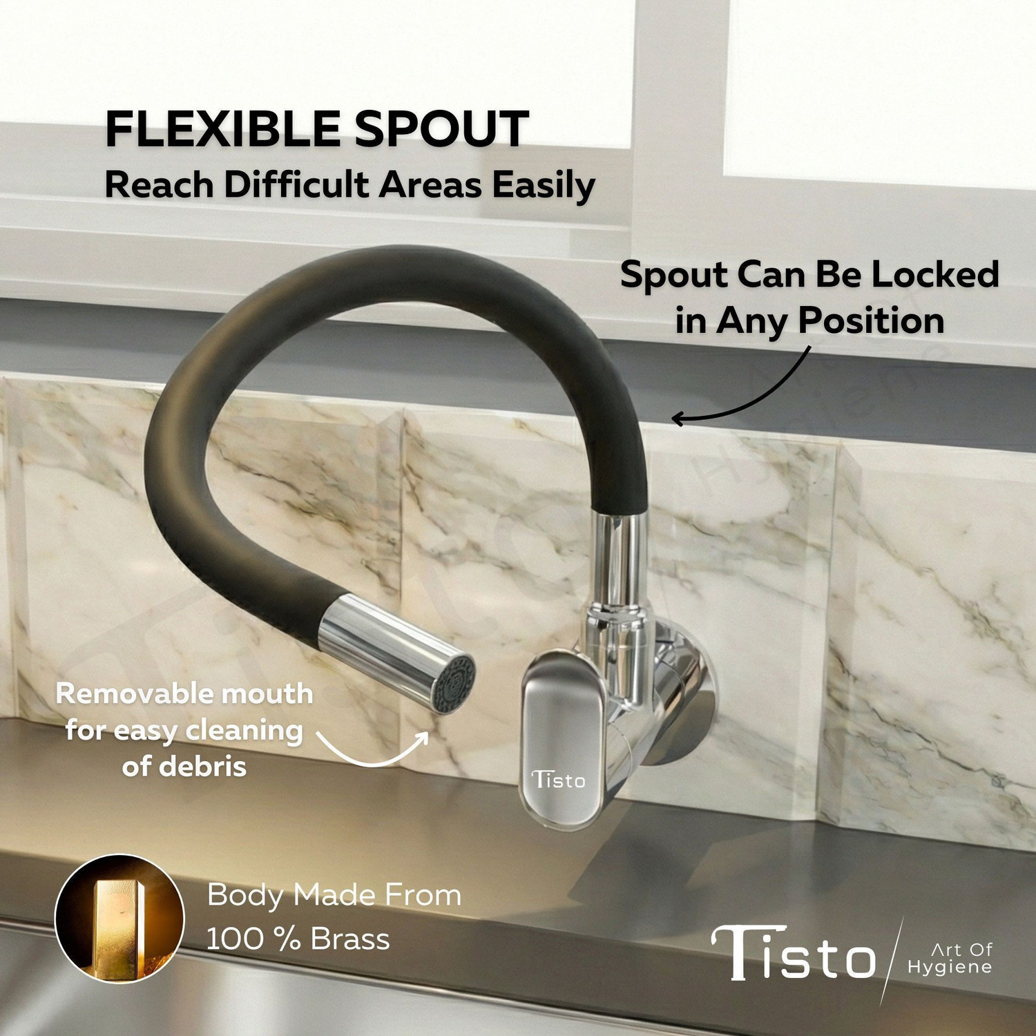 Image of Tisto Flexible Kitchen Sink Tap with Wall Flange | Single Flow | 360 Degree Spout Sink Tap Faucet