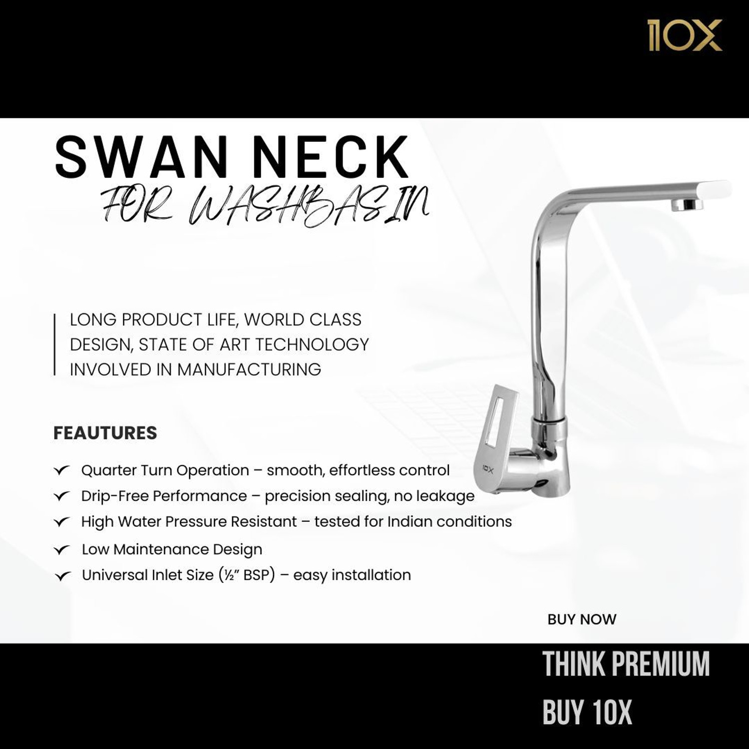Image of 10x by 10X Rotateable Brass Swan Neck Tap SN-9847 for Washbasin /Kitchen Swan Neck Faucet