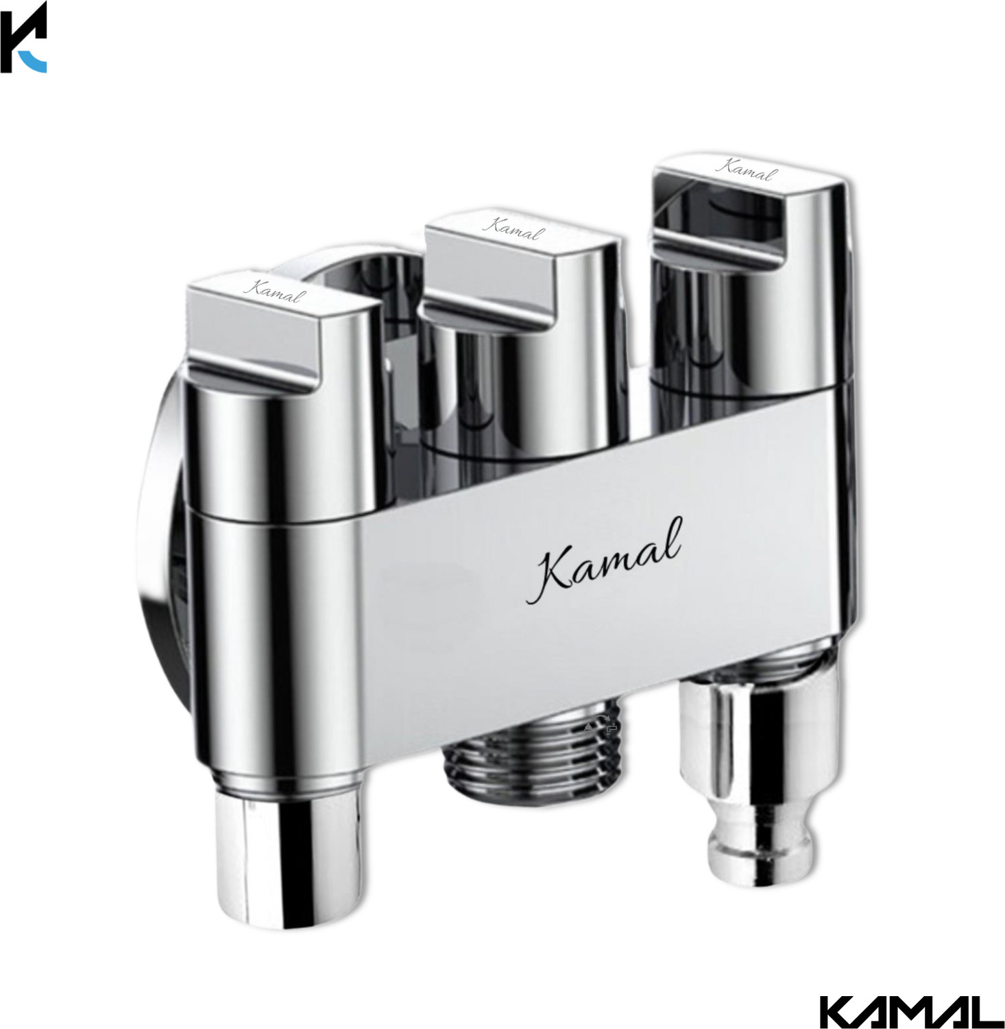 Image of KAMAL Three in One Brass Angle Valve with Wall Flange, Foam Flow Aerator & Washing Machine Nozzle for Health Faucet, Jet Spray | Chrome Finish 3 Way Control Tap Angle Cock Faucet