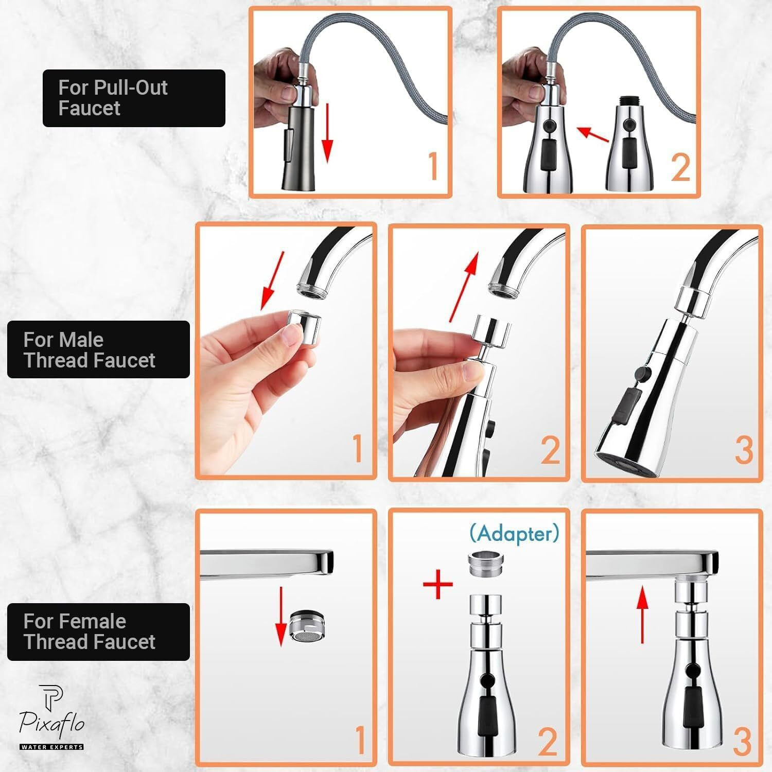 Image of PIXAFLO Universal Tap Extender for Kitchen Sink 3-Function Pull Down Faucet Head Tap Extender for Kitchen Sink, Flexible Faucet with Tap Extension Aerator Foam Flow Faucet