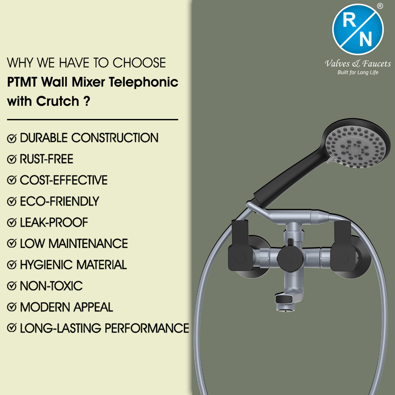 Image of R. N. RNLAB09B12 PTMT Superior Plastic 3 in 1 Wall Mixer Telephonic with Crutch | Hot & Cold Water Supply Mixer For Bathroom | Plastics Mixer Tap Wall Mixer Faucet