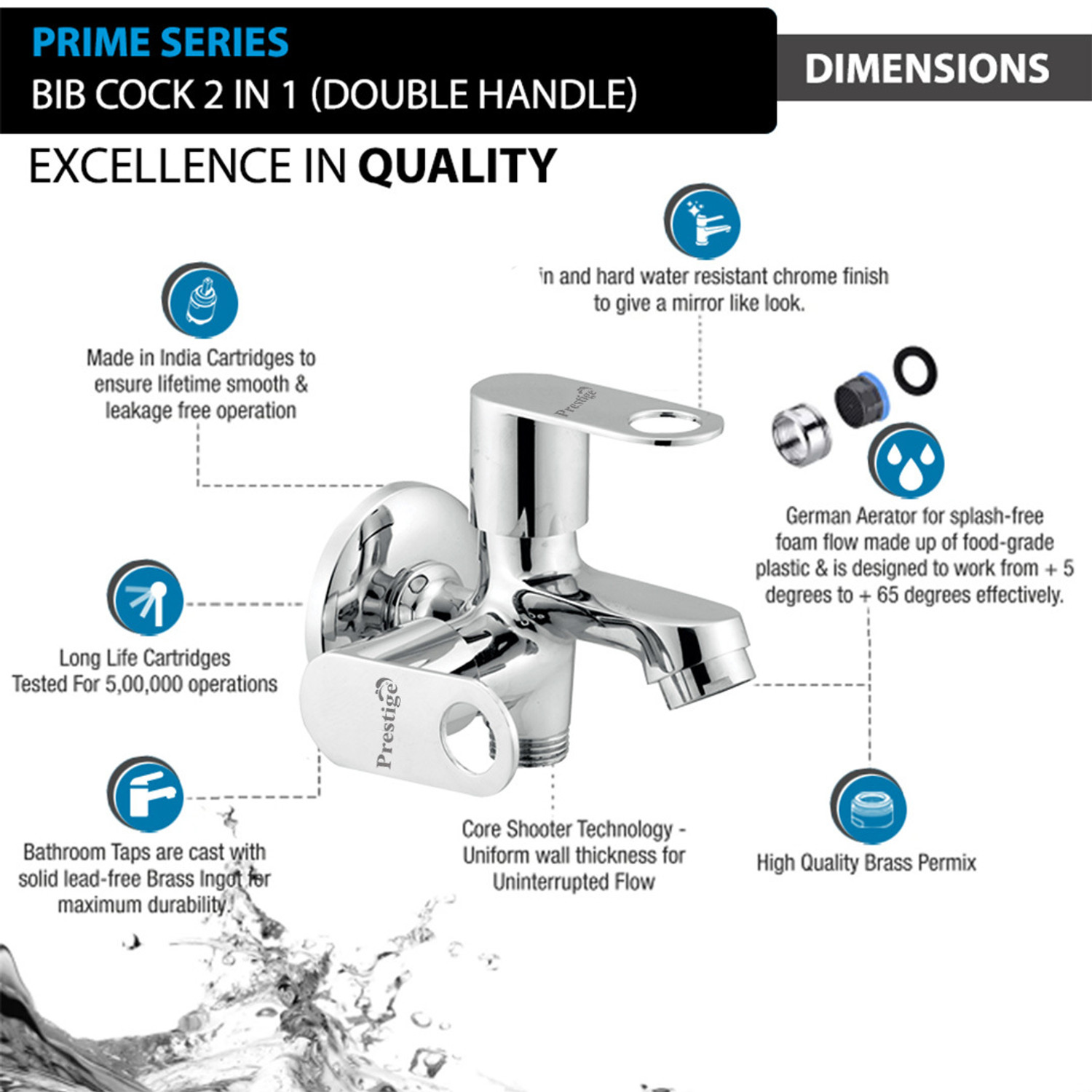 Image of Prestige 2 in 1 Brass Bib Cock with Flange, Dual Outlet Tap for Bathroom Bib Tap Faucet