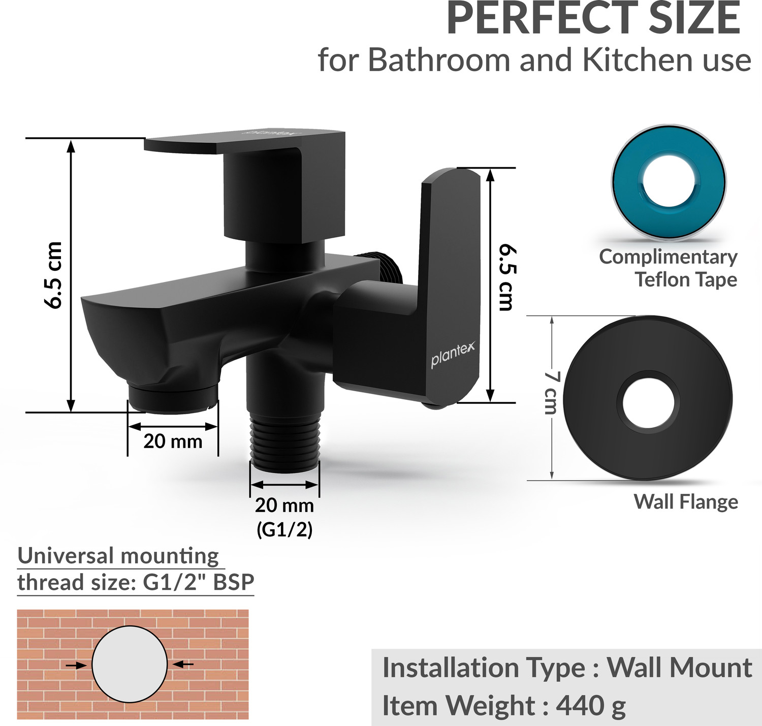 Image of Plantex 2 Way Tap for Washing Machine /Quarter Turn 2 in 1 Bib Cock /Wash Basin Tap Bib Tap Faucet (Wall Mount Installation Type)