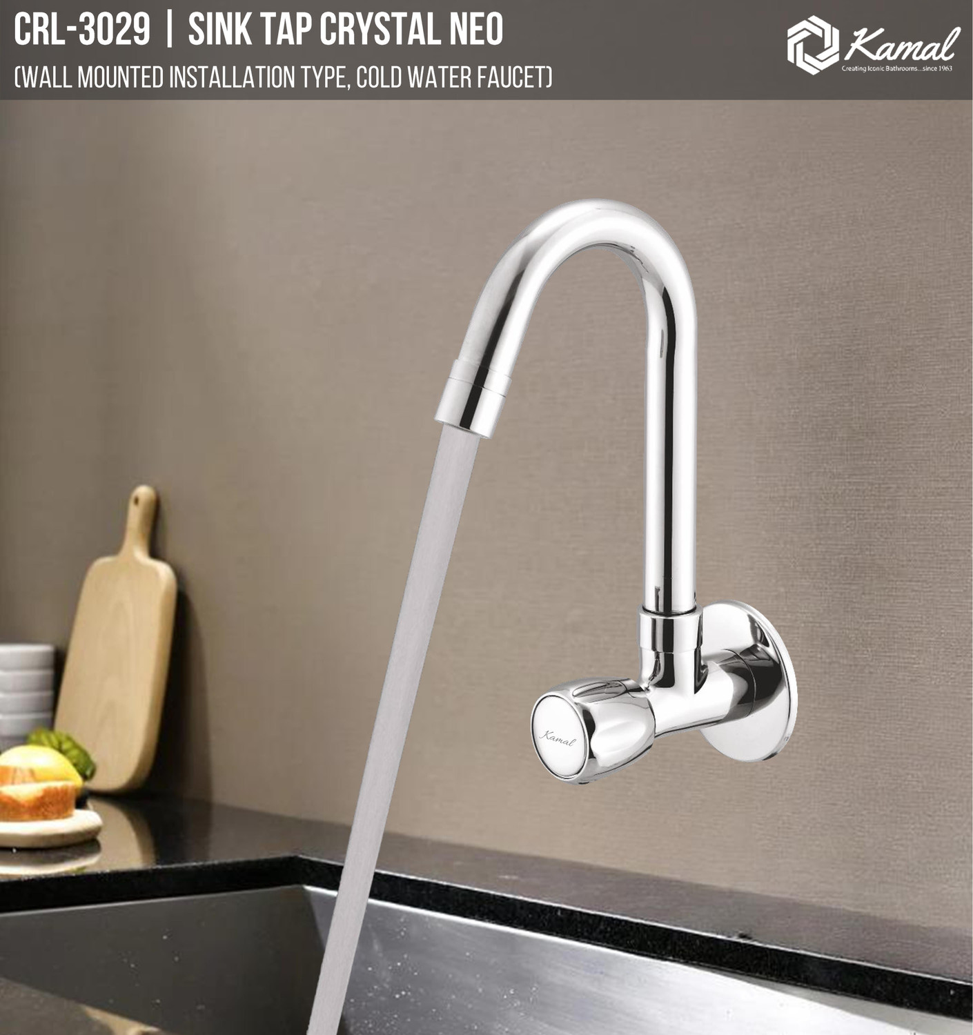 Image of KAMAL Sink Tap Crystal Neo | Sturdy Brass Body | 180 degree Swivel spout | German Tech Aerator | Easy Movement Quarter turn Ceramic disc valve | Shiny Chrome | Kitchen Sink Tap Faucet