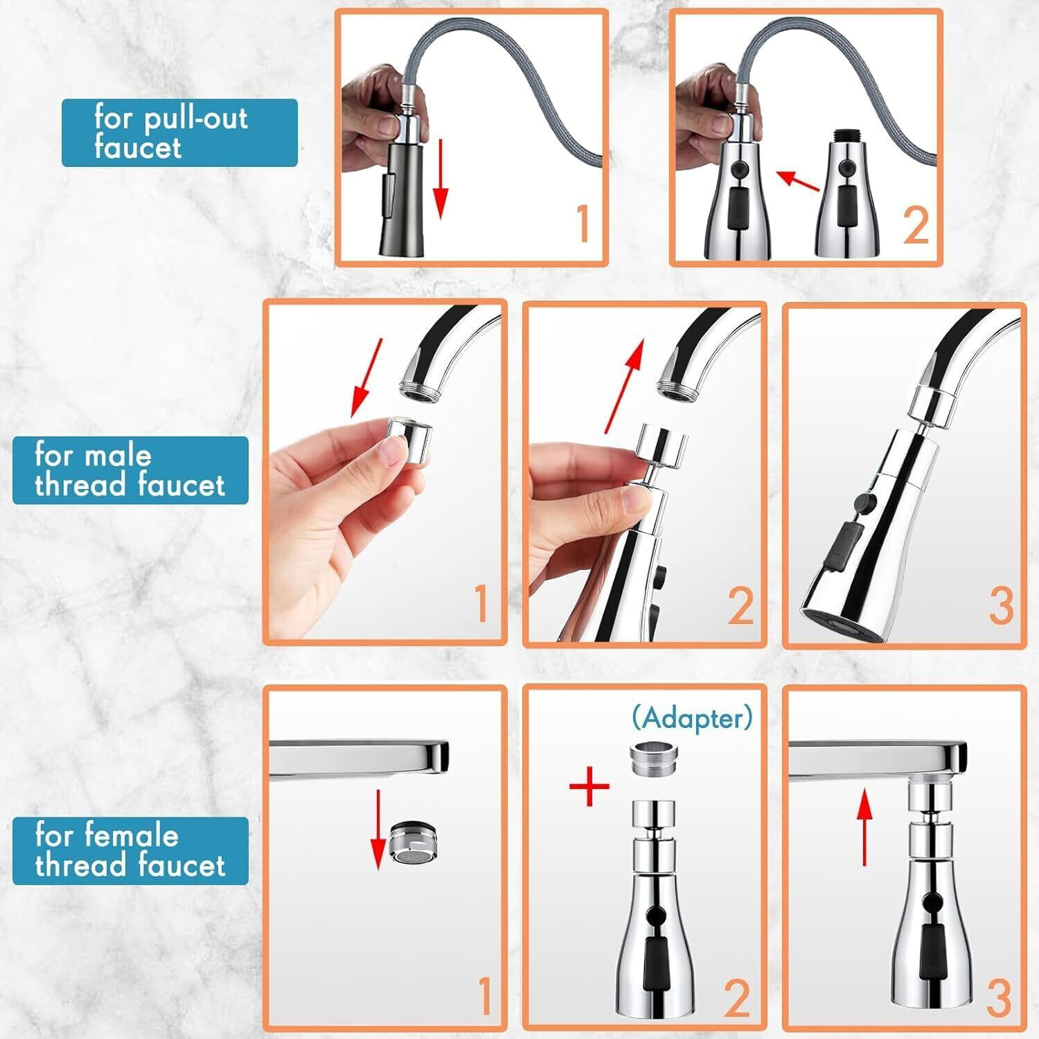 Image of Stadash Tap Extender for Kitchen Sink, 3-Function Pull Down Faucet Extension, Rotatable Splash Filter, Flexible Tap for Kitchen, Bathroom Sink Adjustable Spray Modes Sink Tap Faucet